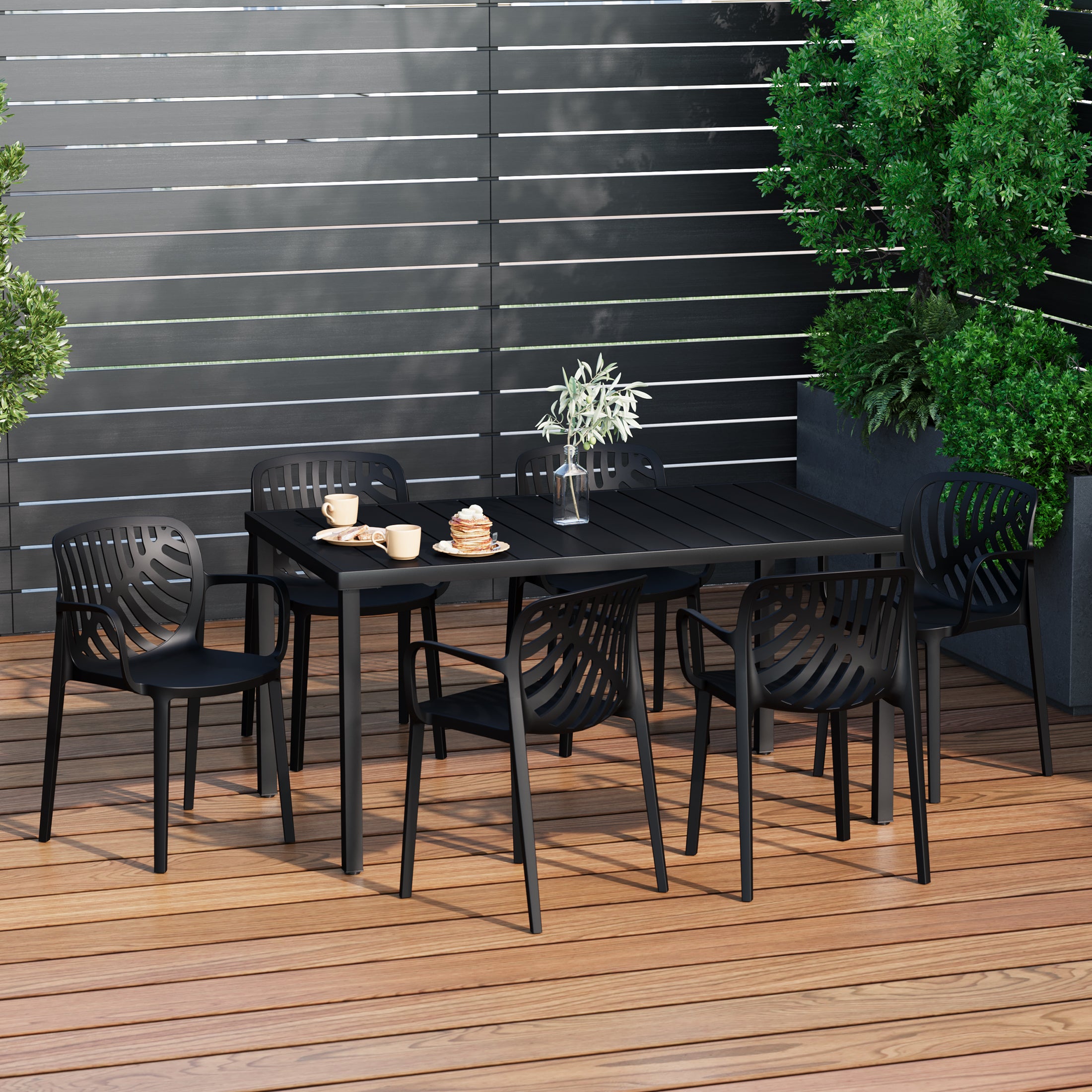 Sunshine 7-Piece Outdoor Metal Rectangle Patio Dining Table Set With Stackable Resin Patio Dining Chairs