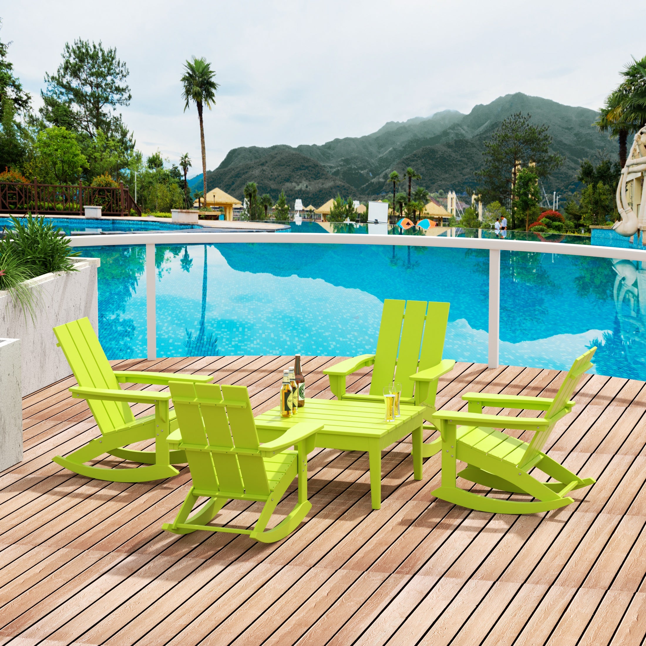 Palms 5-Piece Set Modern Plastic Outdoor Rocking Chairs with Square Side Table