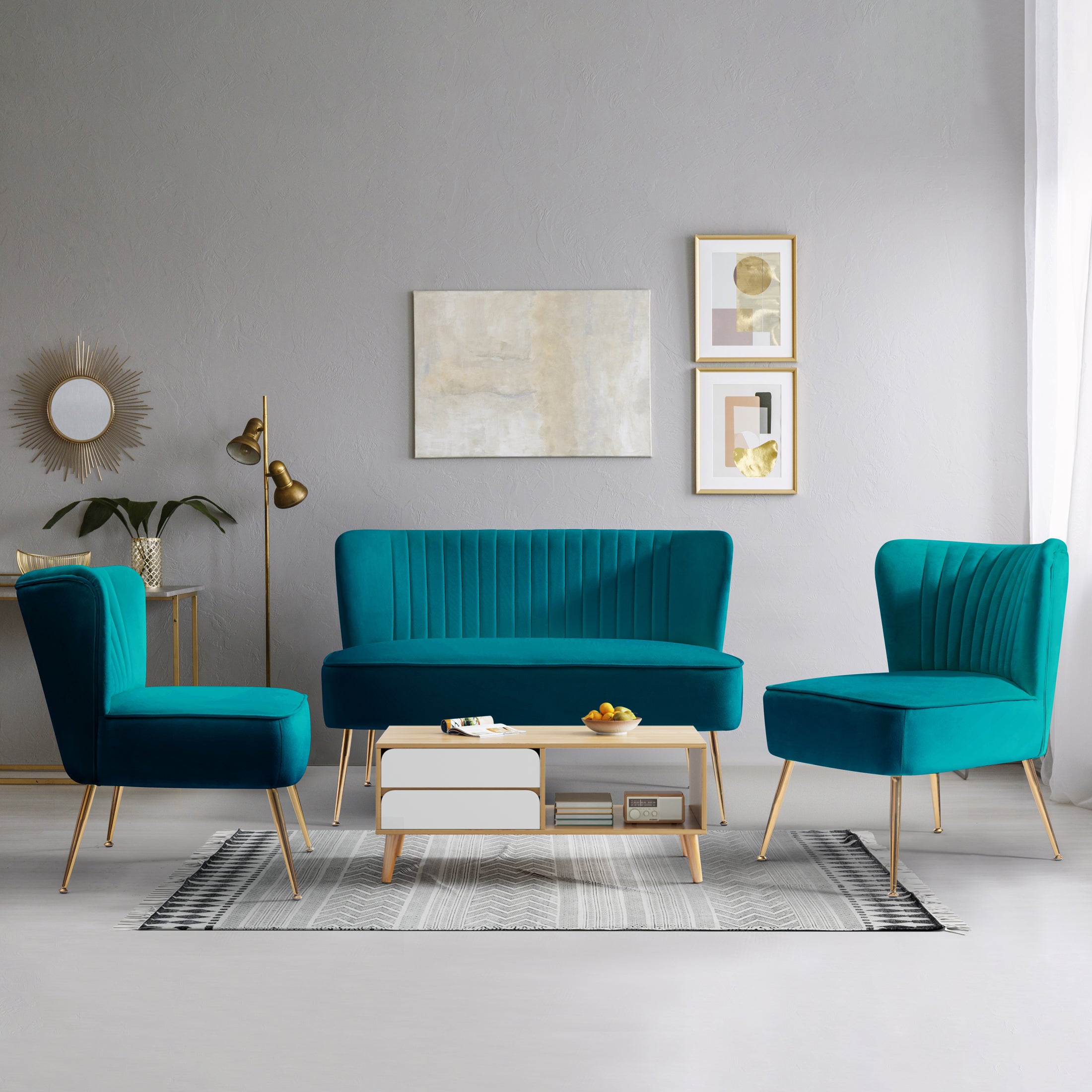 Alaia  Mid Century Modern Upholstered Tufted Velvet Loveseat Sofa and 22