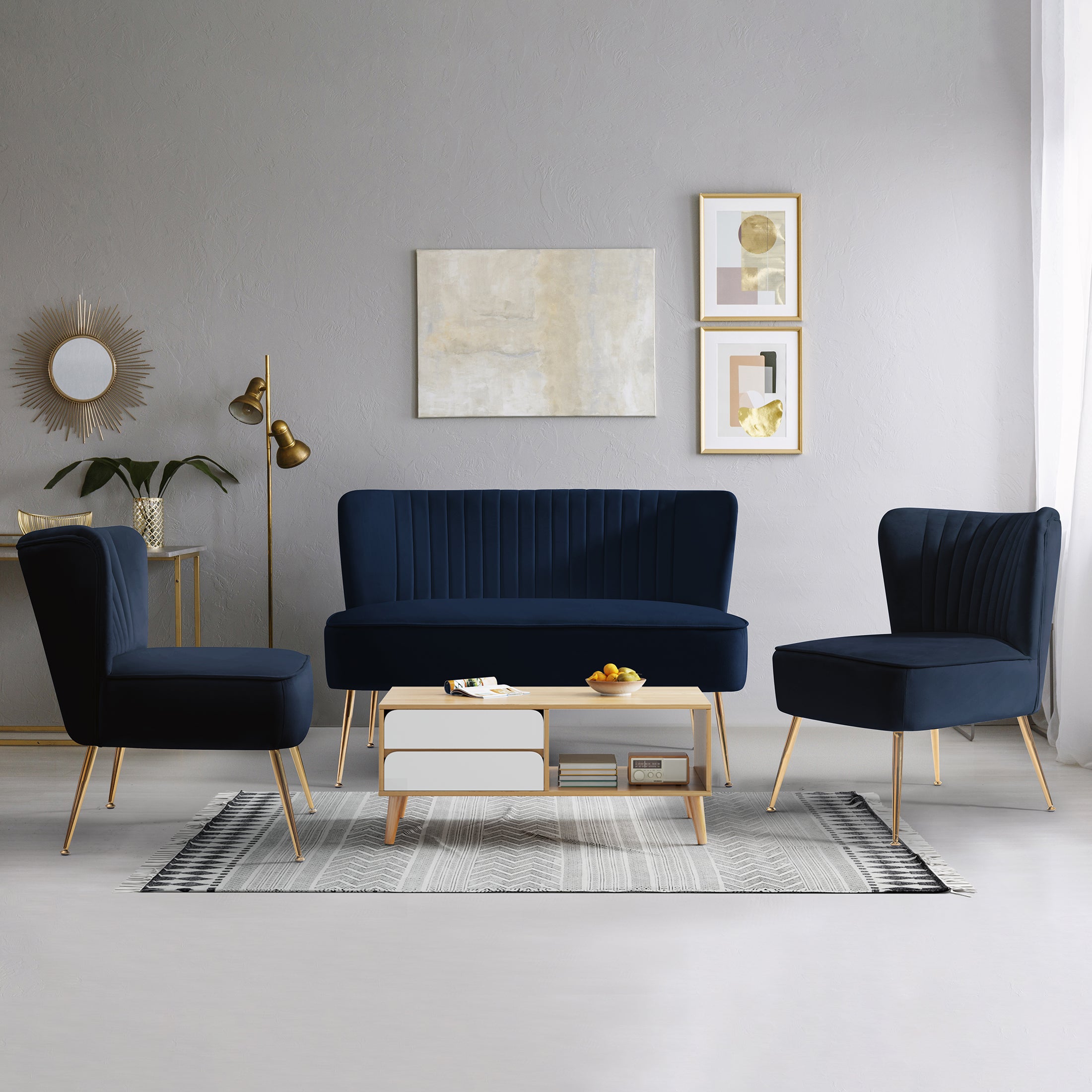 Alaia  Mid Century Modern Upholstered Tufted Velvet Loveseat Sofa and 22