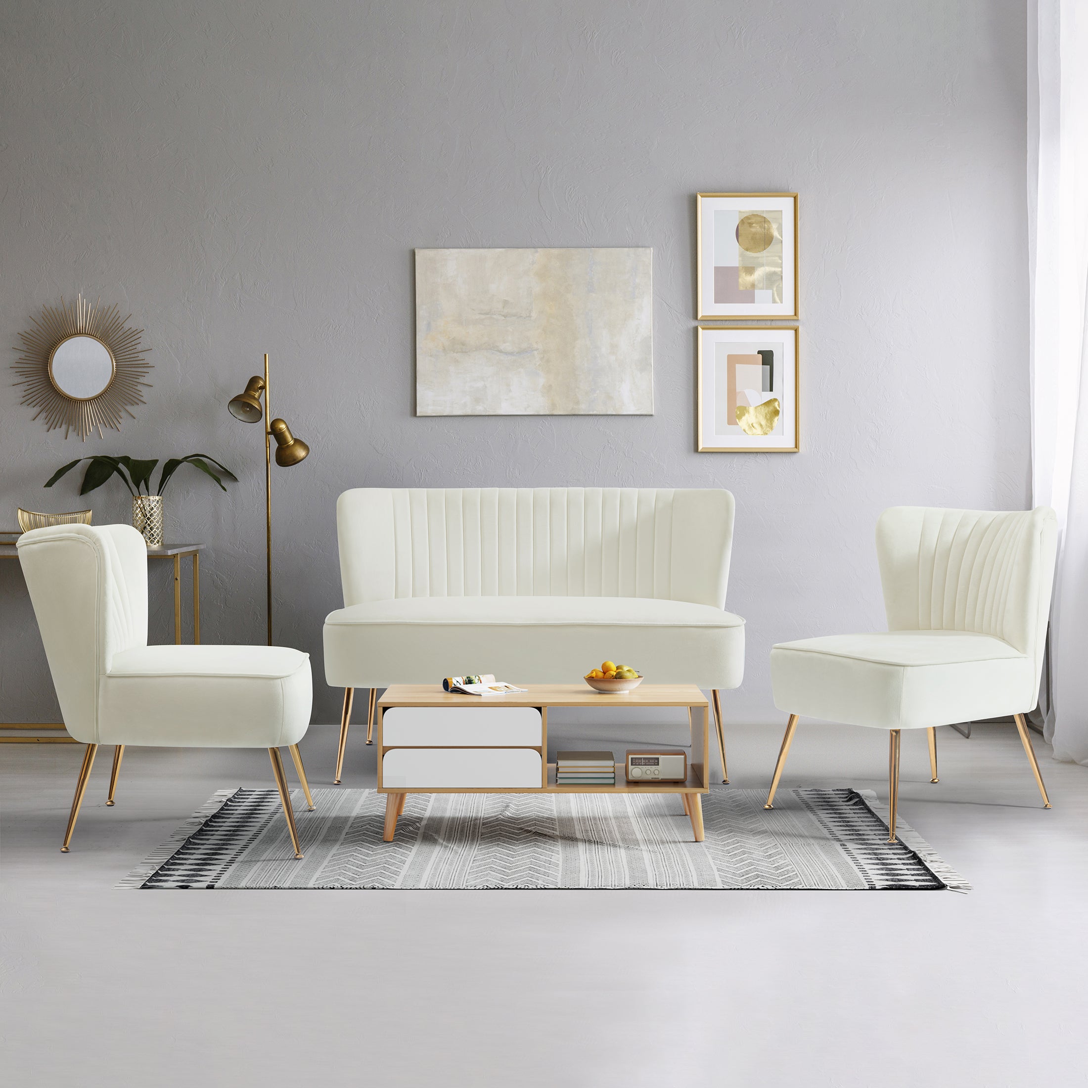 Alaia  Mid Century Modern Upholstered Tufted Velvet Loveseat Sofa and 22