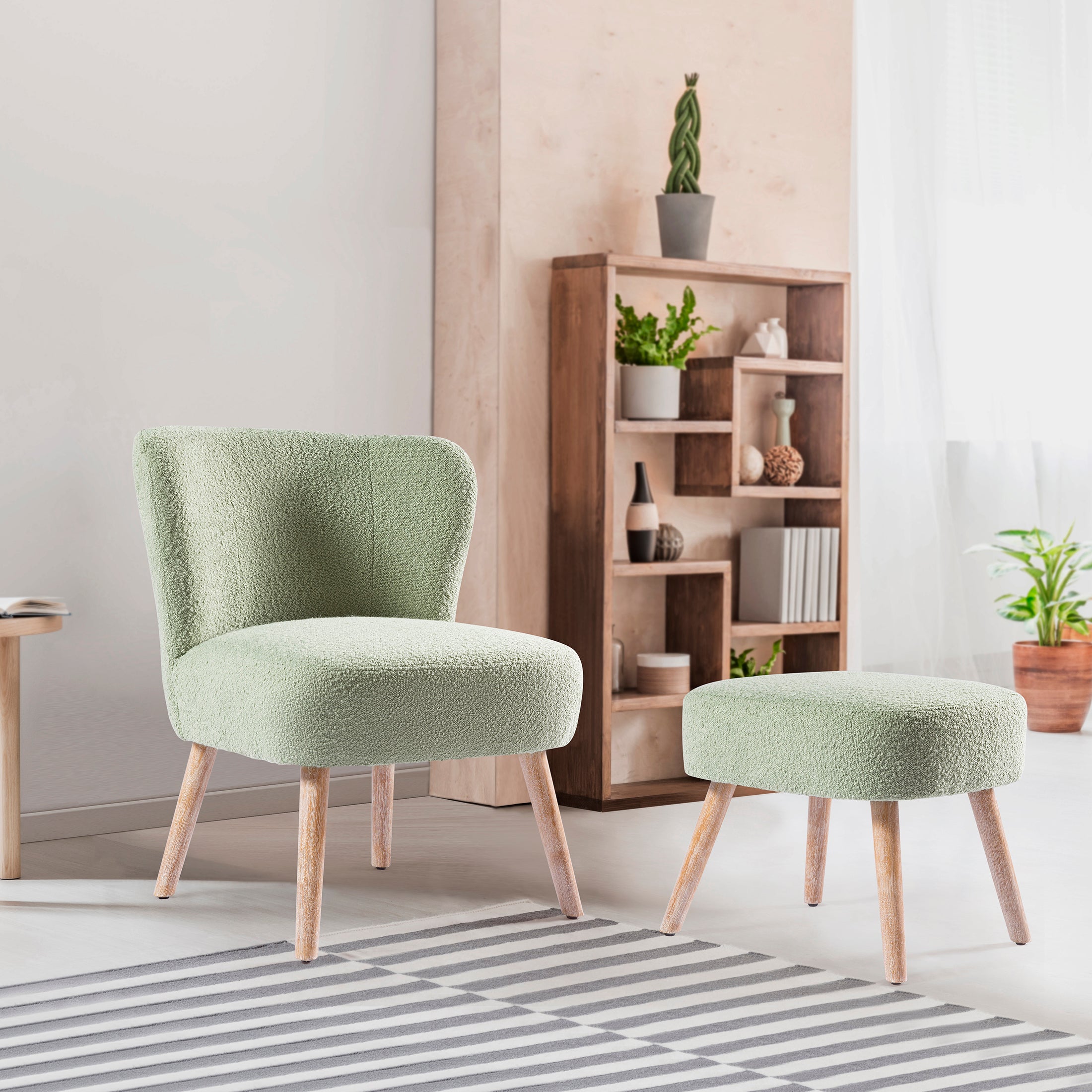 Amélie Mid-Century Boucle Accent Chairs with Ottoman Foot Rest Set