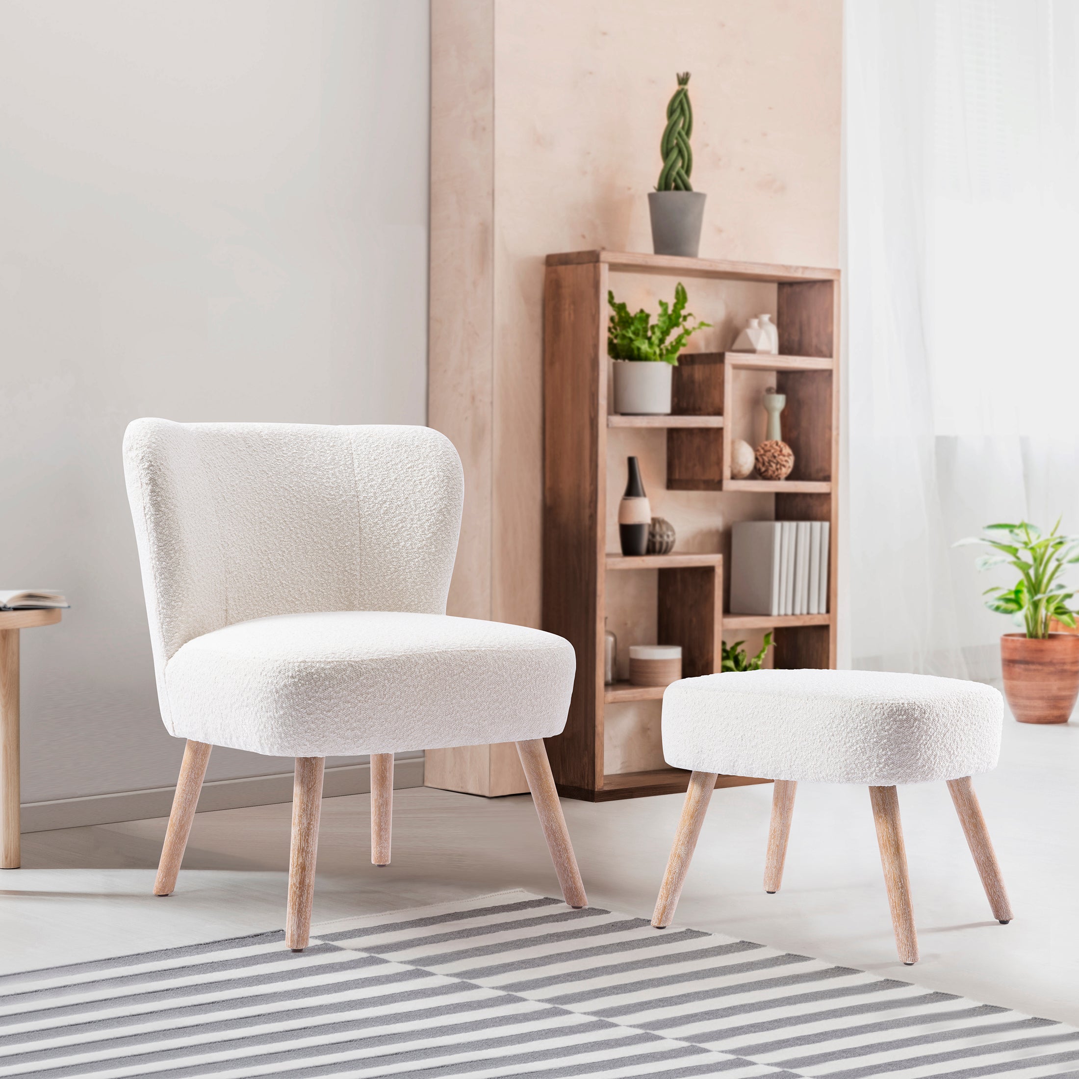 Amélie Mid-Century Boucle Accent Chairs with Ottoman Foot Rest Set