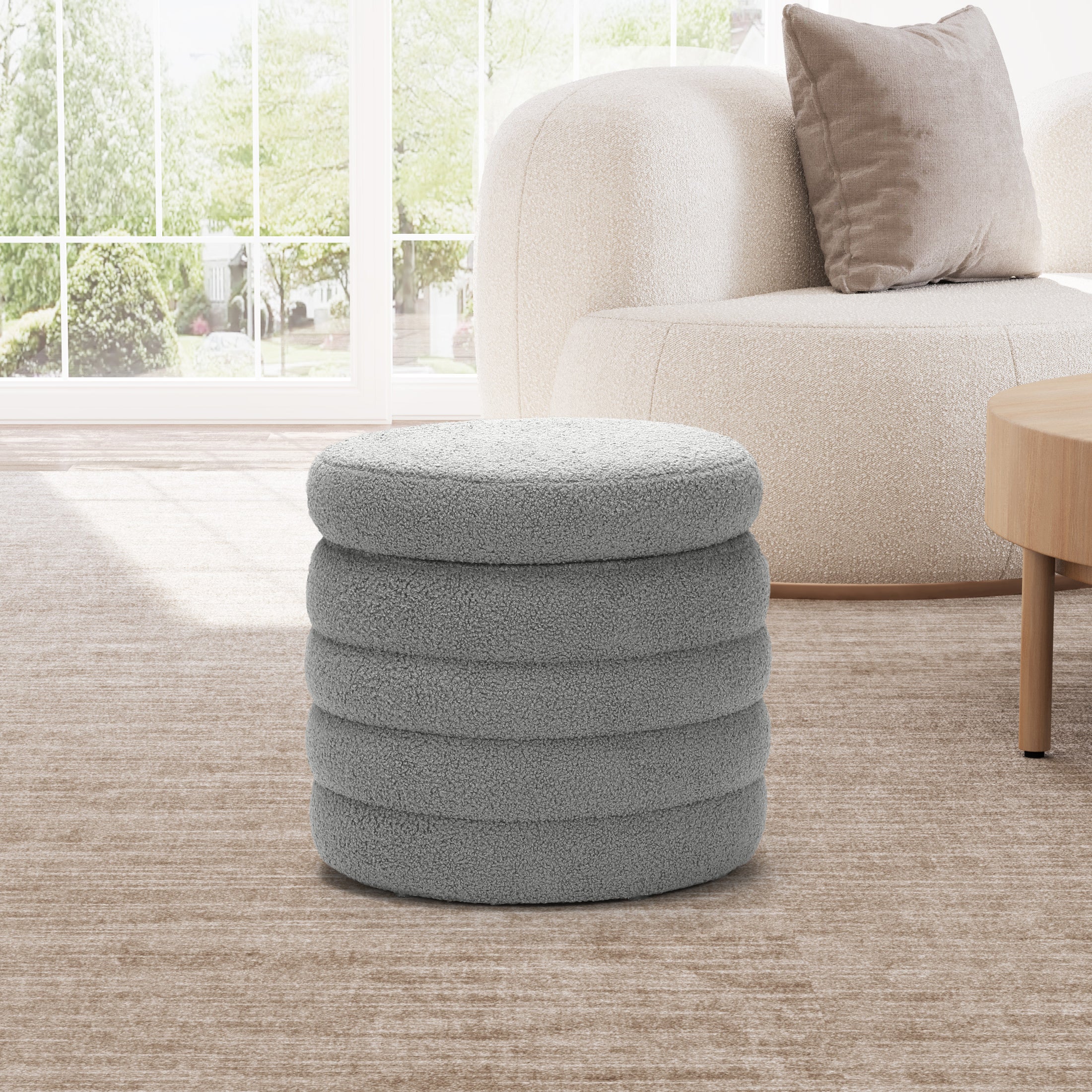 Celine Mid-Century Modern Faux Sherpa Round Storage Ottoman