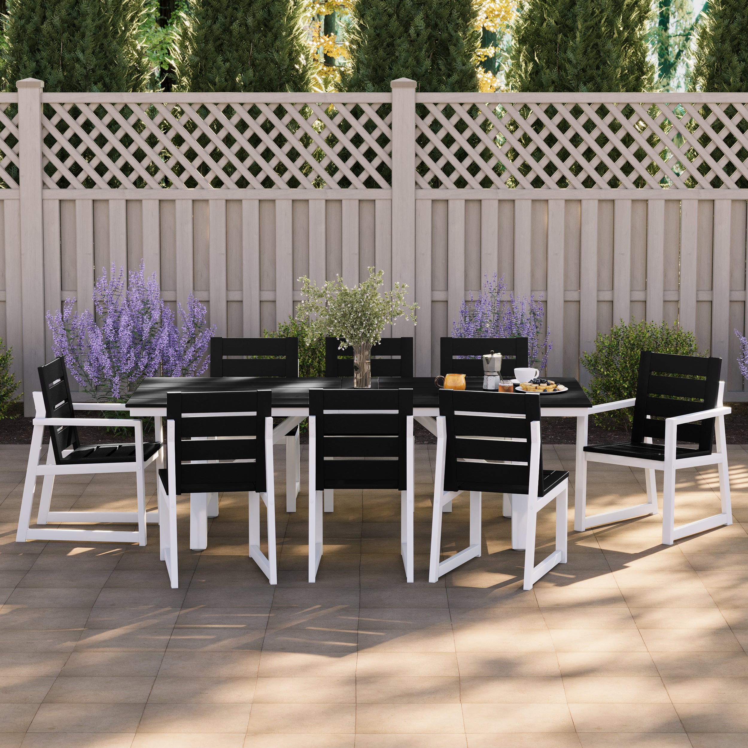 Stinson 9-Piece HDPE Outdoor Furniture Patio Dining Table With Umbrella Hole and Chairs Set For 8