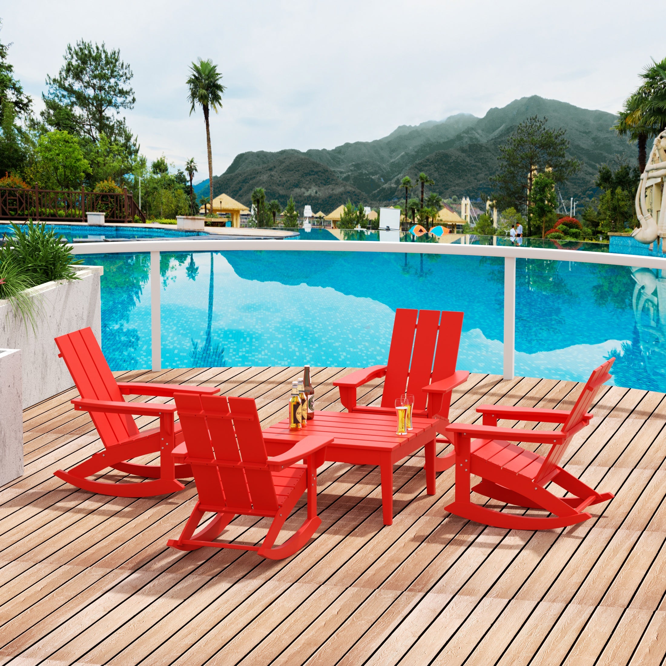 Palms 5-Piece Set Modern Plastic Outdoor Rocking Chairs with Square Side Table