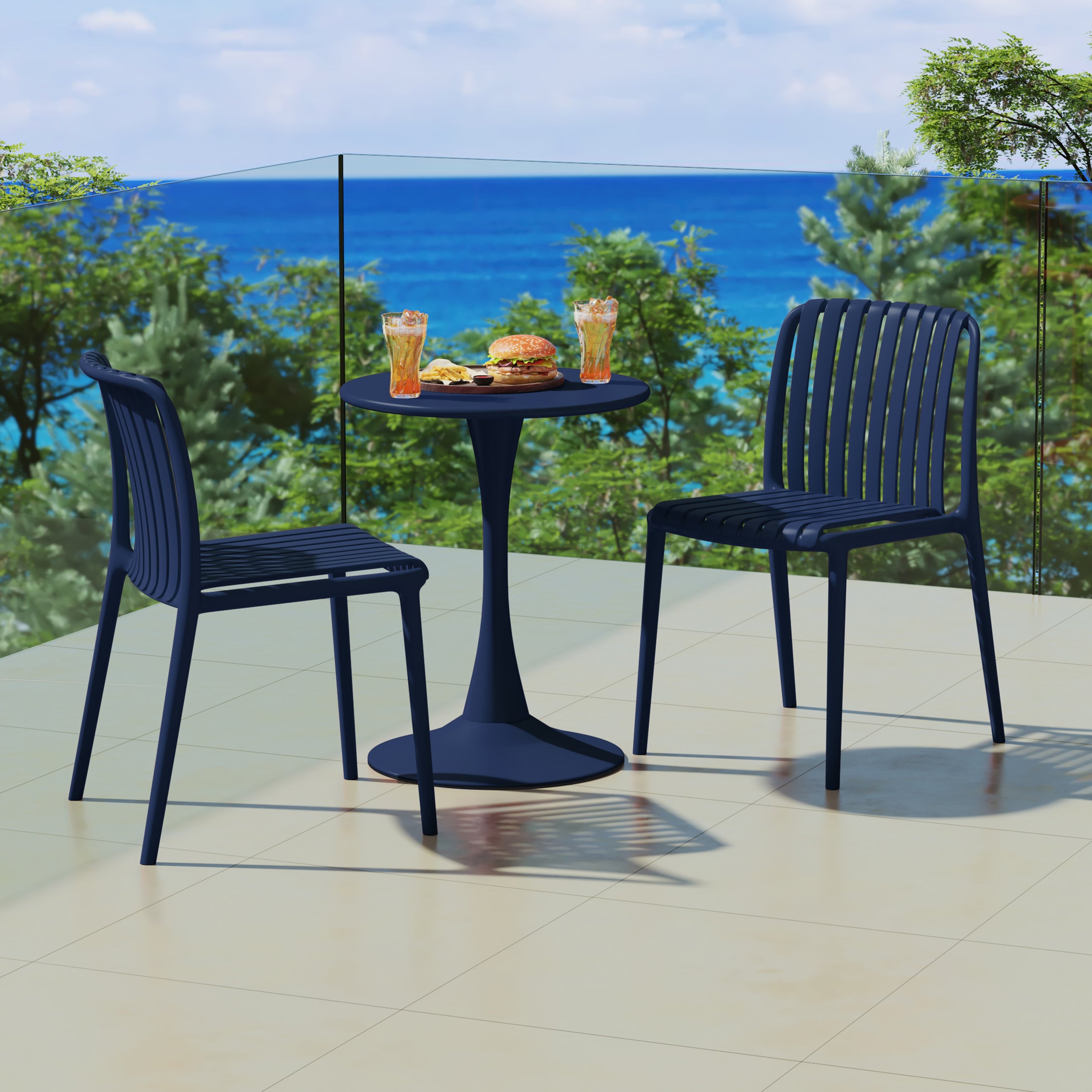 Sunshine 3-Piece Outdoor Metal Dining Table Set And Stackable Resin Patio Chairs