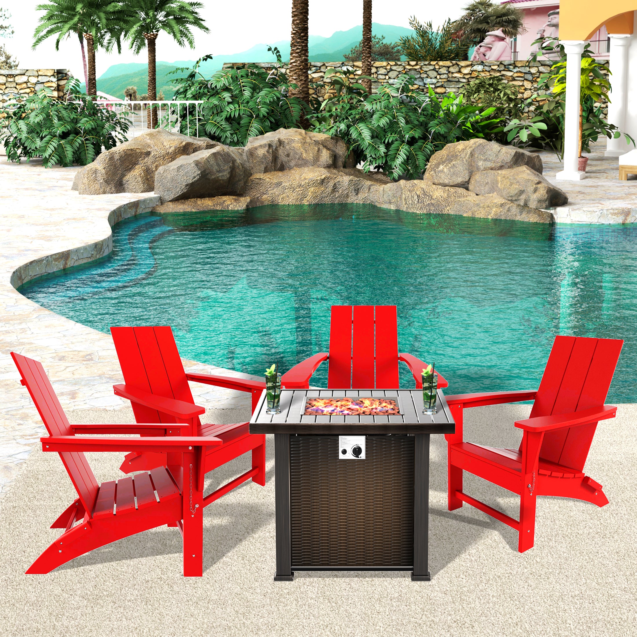 Palms Ashore Modern Folding Poly Adirondack Chair With Square Fire Pit Table