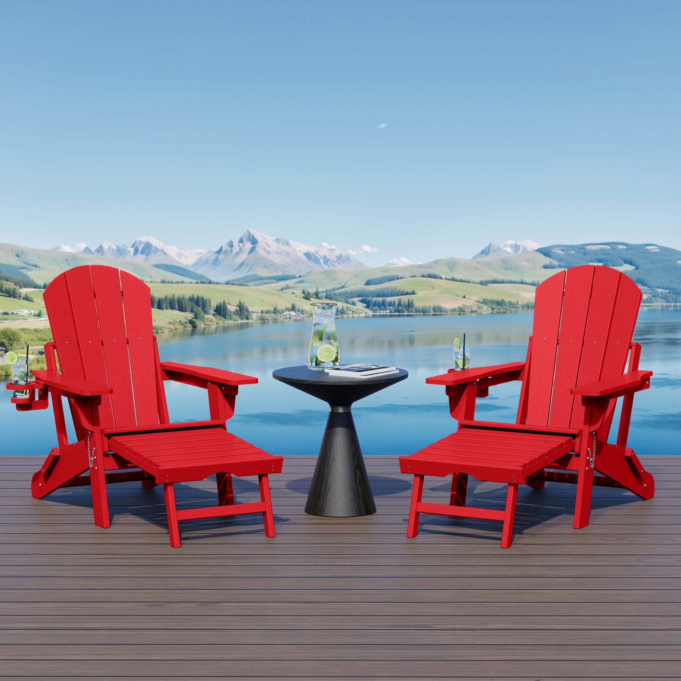 Paradise Folding Adjustable Adirondack Chair with Retractable Ottoman and Cup Holder (Set of 2)