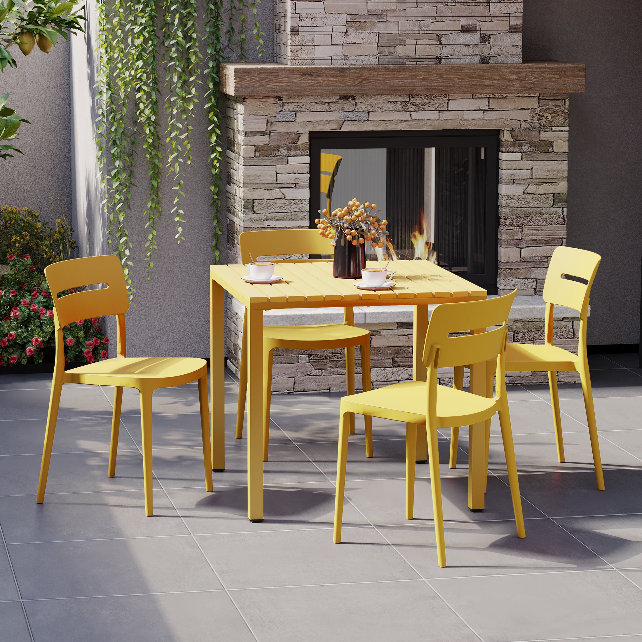 Sunshine 5-Piece Outdoor Metal Frame Dining Table Patio Set with Stackable Patio Dining Chairs