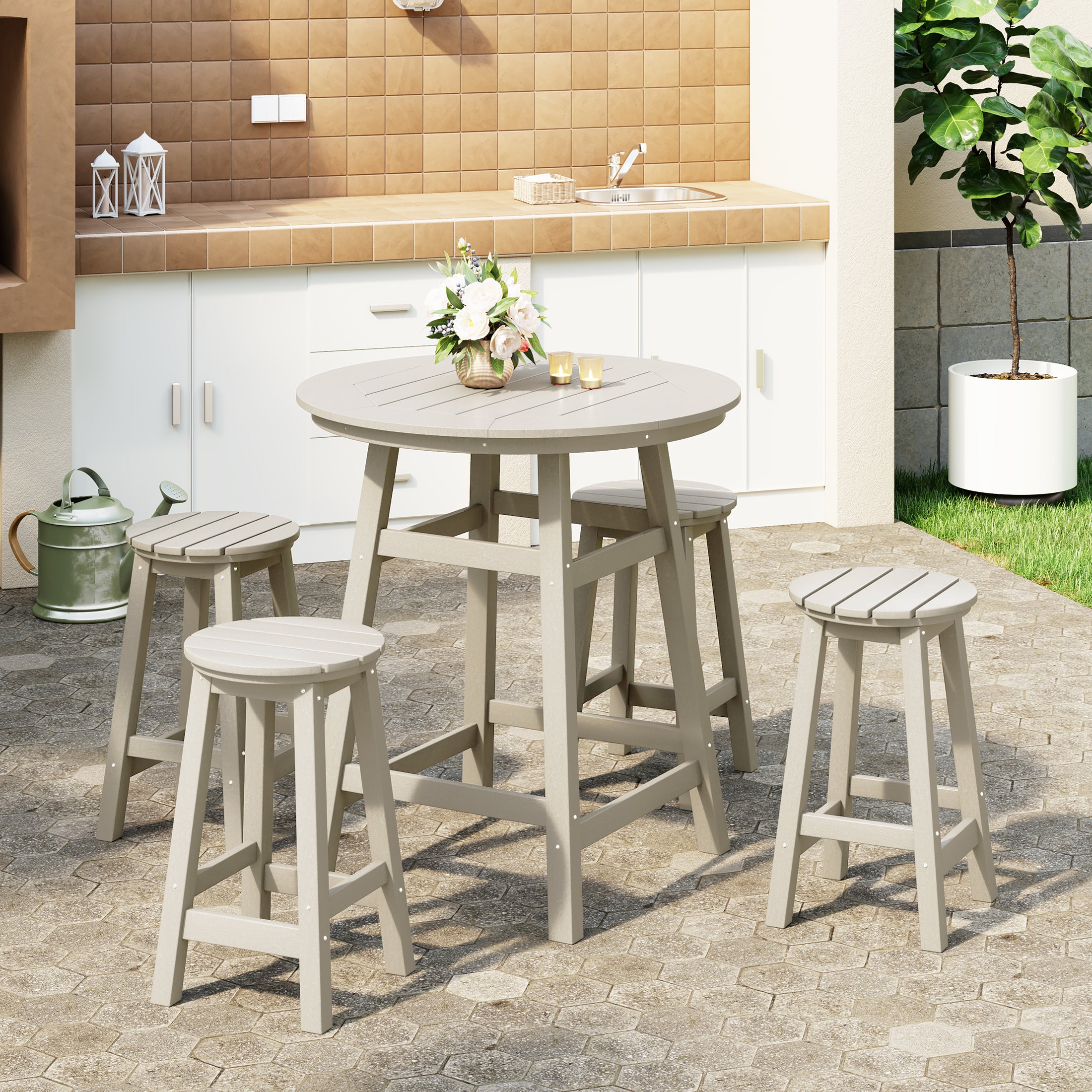 Paradise 5-Piece HDPE Outdoor Patio Dining Bar Bistro Table Set with Counter High Round Bar Stools