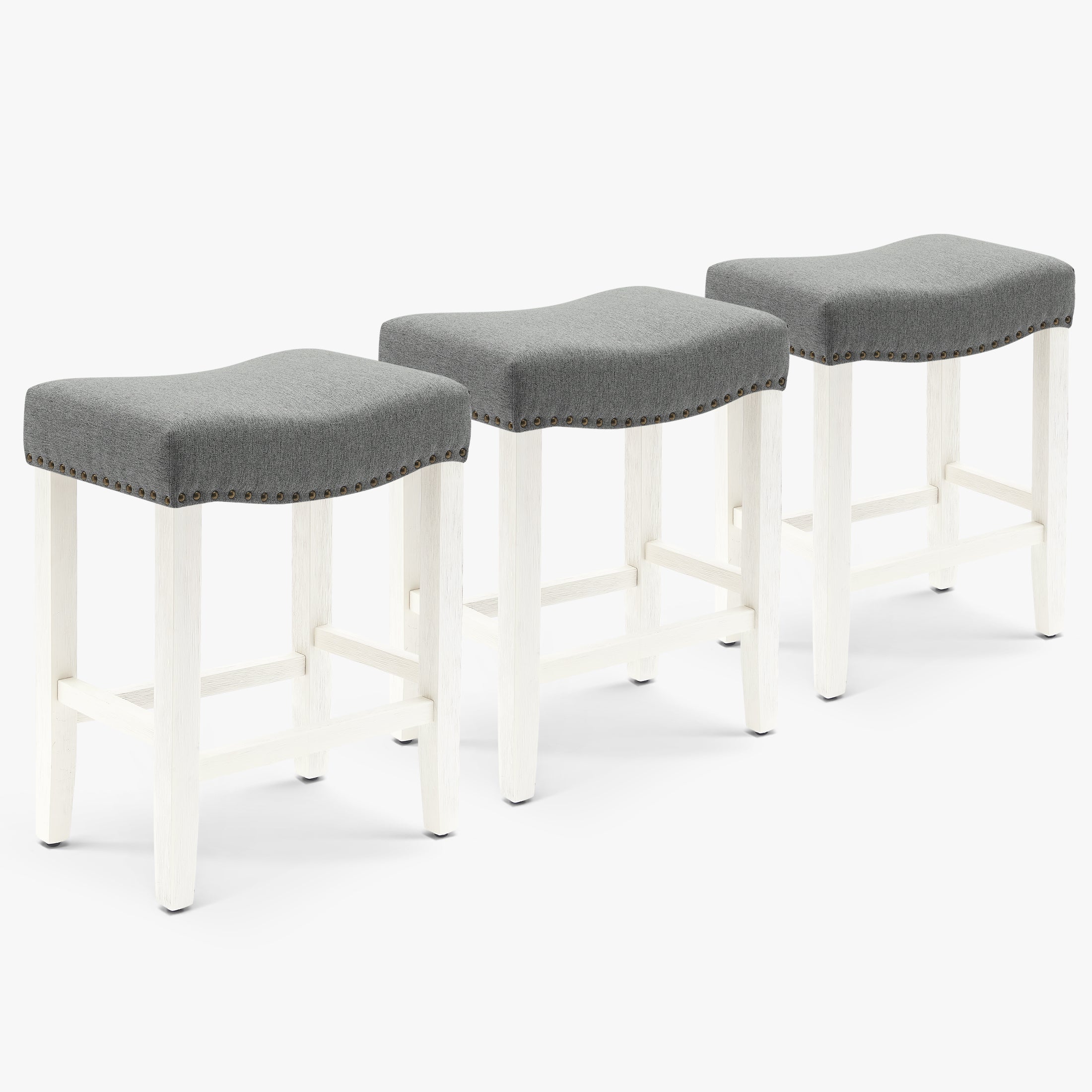 Bulmon 24" Upholstered Saddle Seat Antique White Counter Stool (Set of 3)