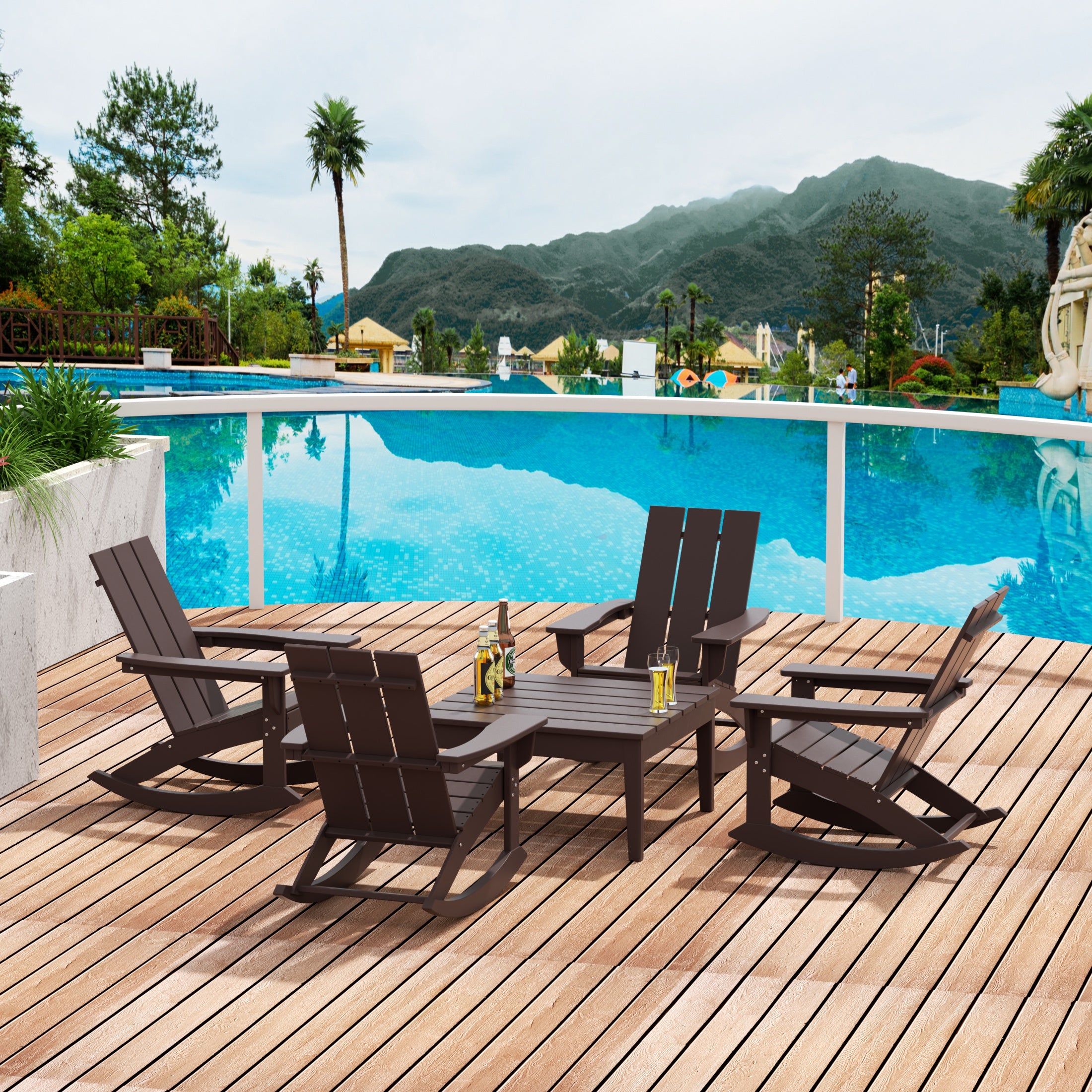 Palms 5-Piece Set Modern Plastic Outdoor Rocking Chairs with Square Side Table