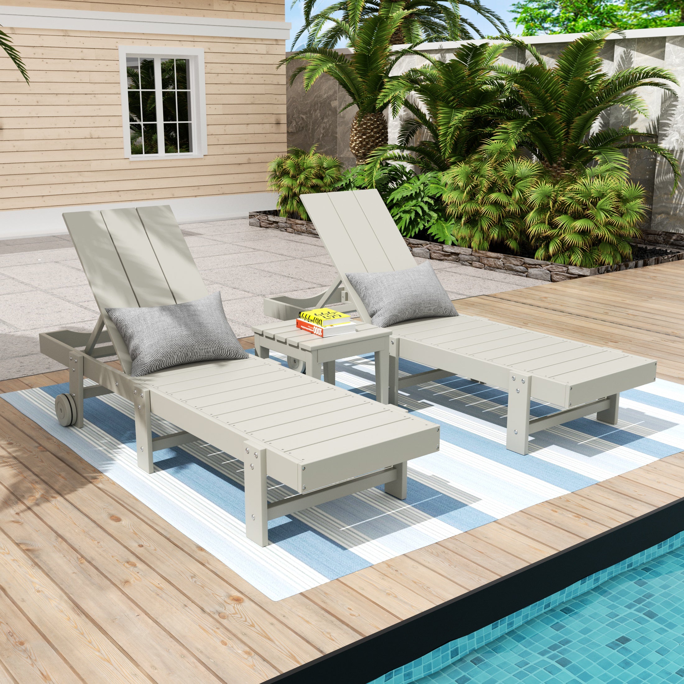 Palms 3 Piece Modern Poly Reclining Chaise Lounge With Wheels