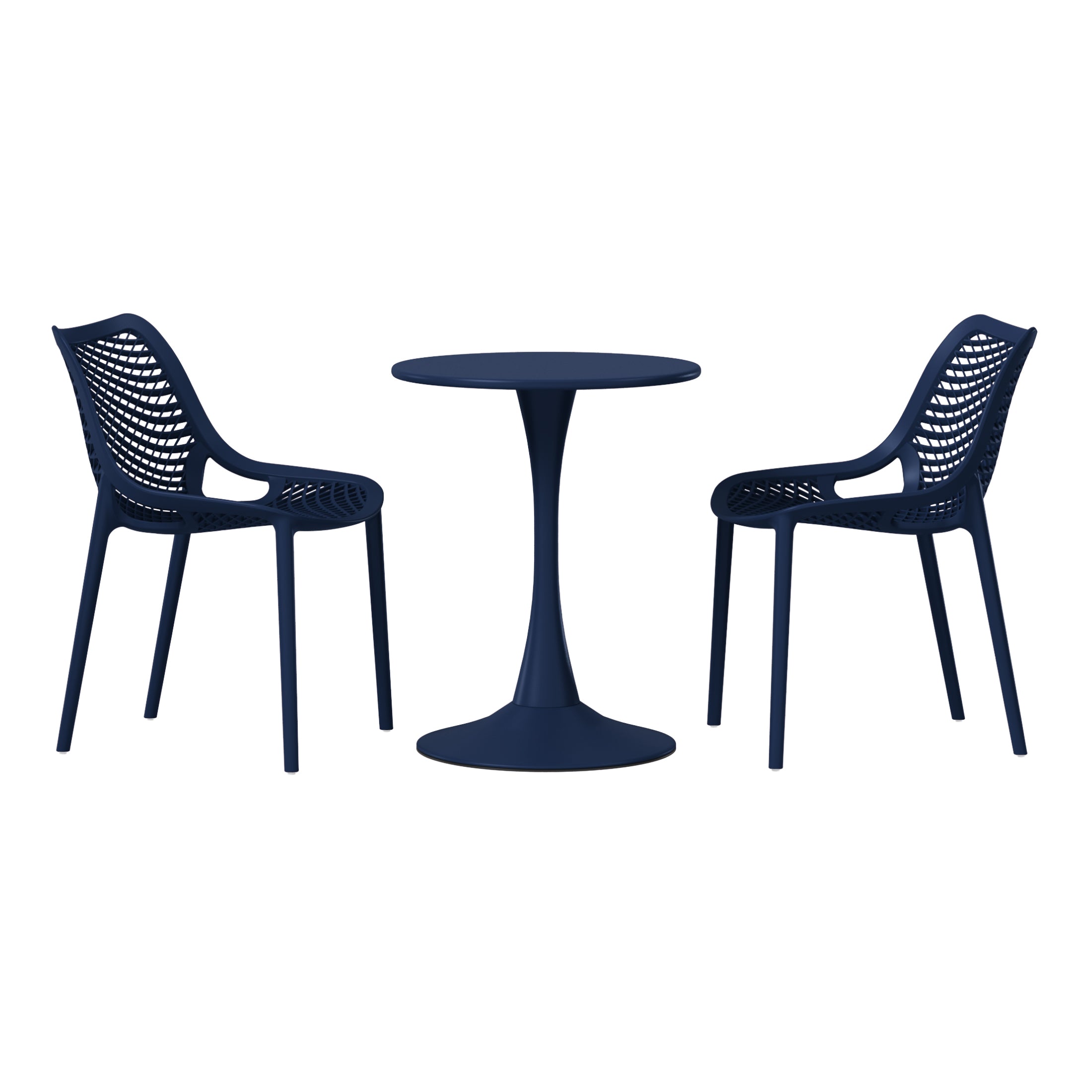 Sunshine 3-Piece Outdoor Round Metal Dining Table Set And Stackable Resin Patio Dining Side Chairs