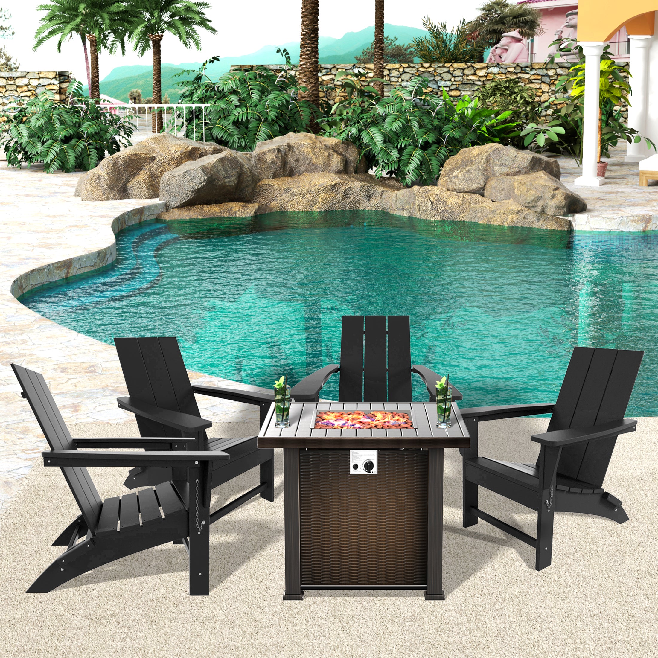 Palms Ashore Modern Folding Poly Adirondack Chair With Square Fire Pit Table