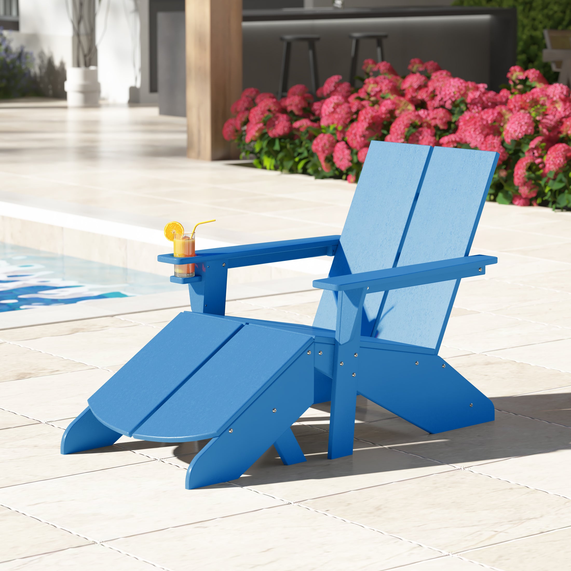 Seaview Outdoor HDPE Modern Adirondack Chair with Folding Patio Ottoman and Cup Holder