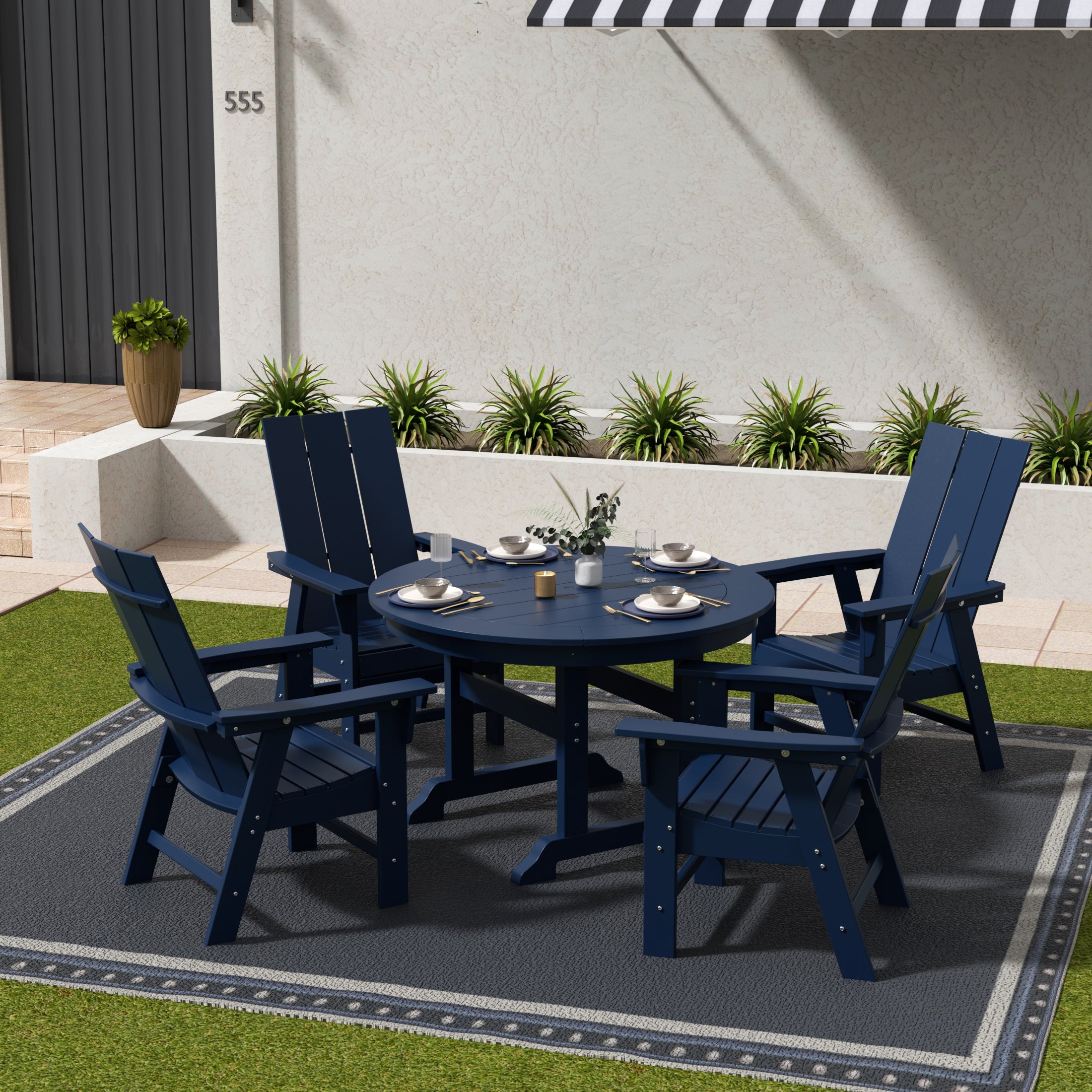 Palms 5 Piece Outdoor Patio Dining Round Table and Modern Armchair Set