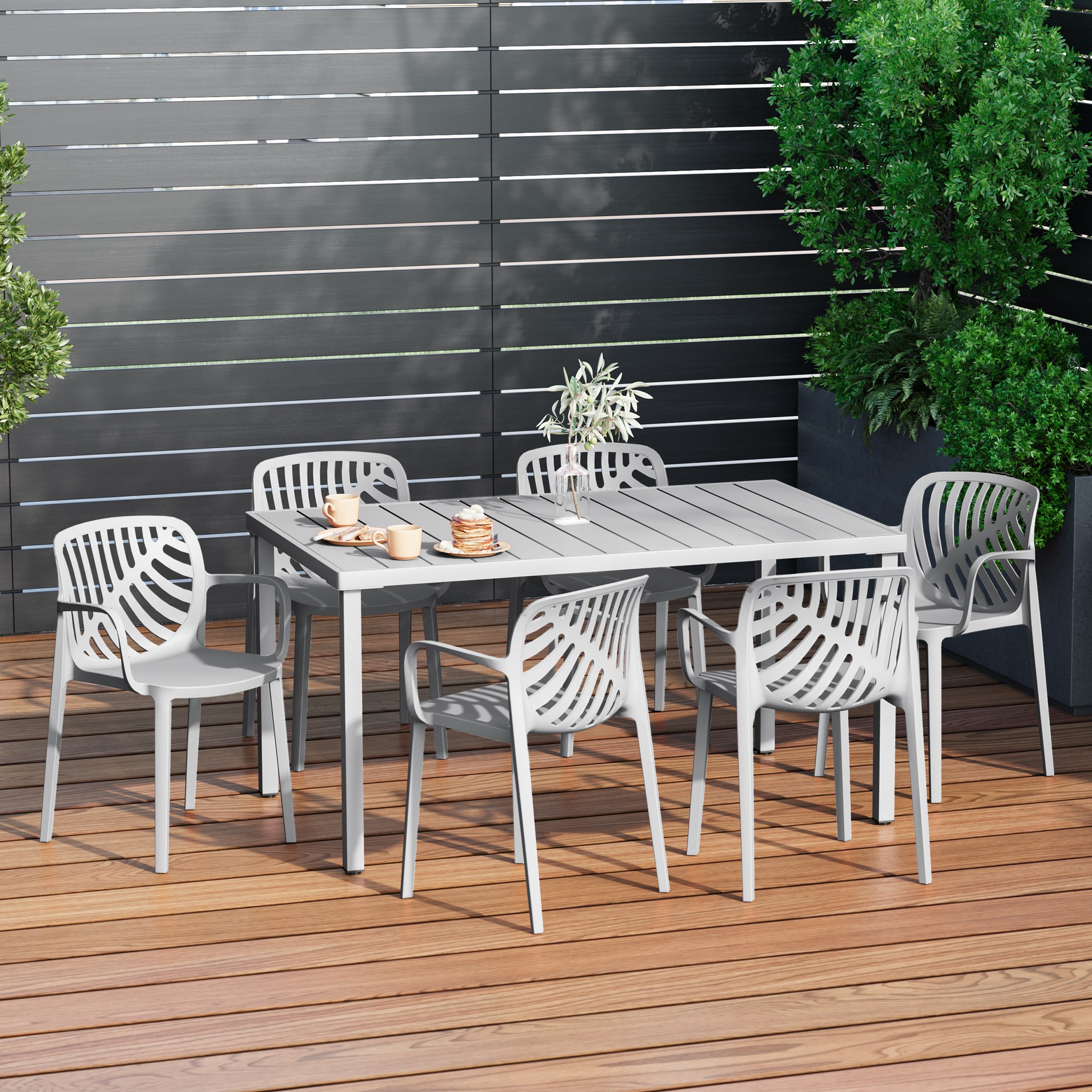Sunshine 7-Piece Outdoor Metal Rectangle Patio Dining Table Set With Stackable Resin Patio Dining Chairs