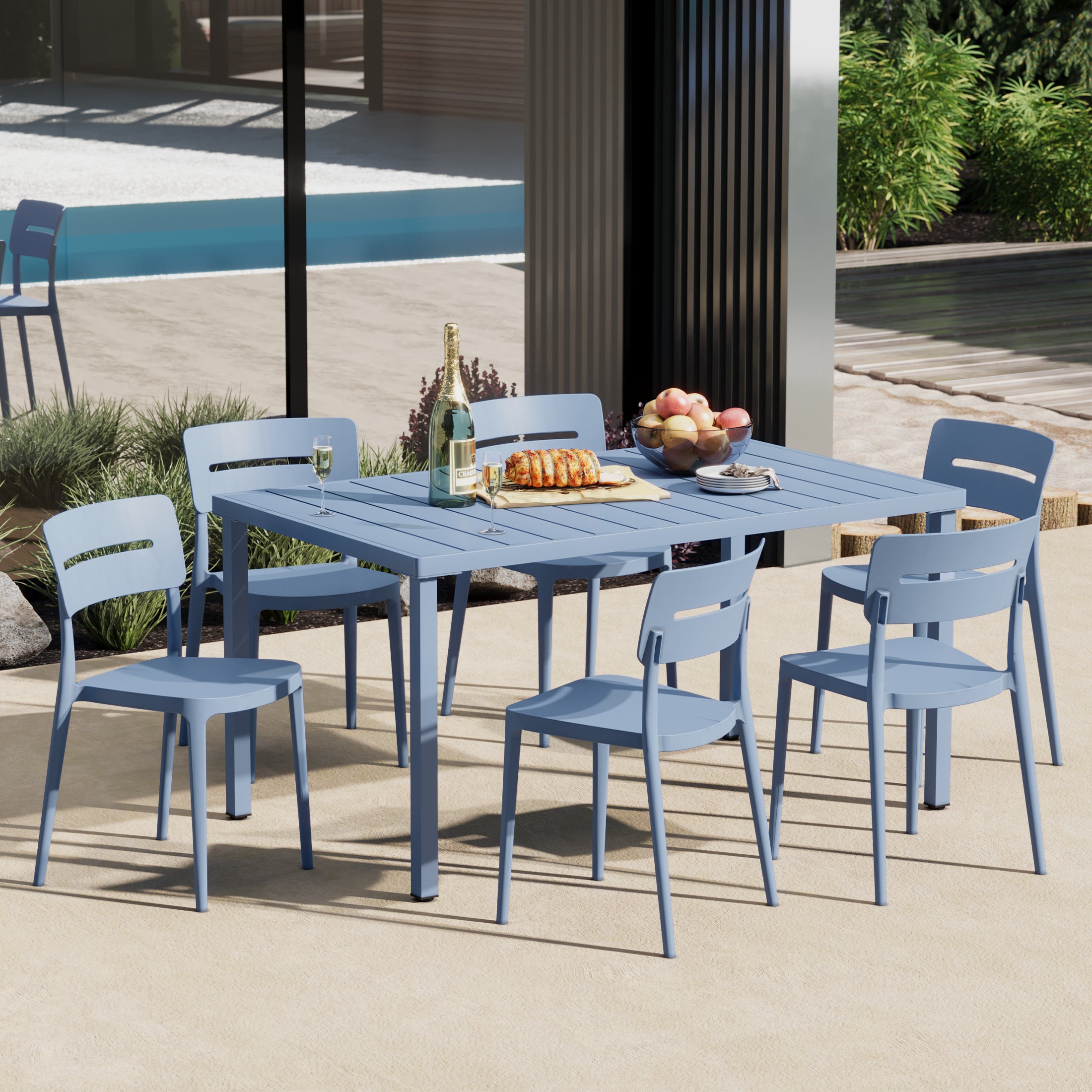 Sunshine 7-Piece Outdoor Rectangular Metal Patio Dining Table Set With Stackable Patio Chairs