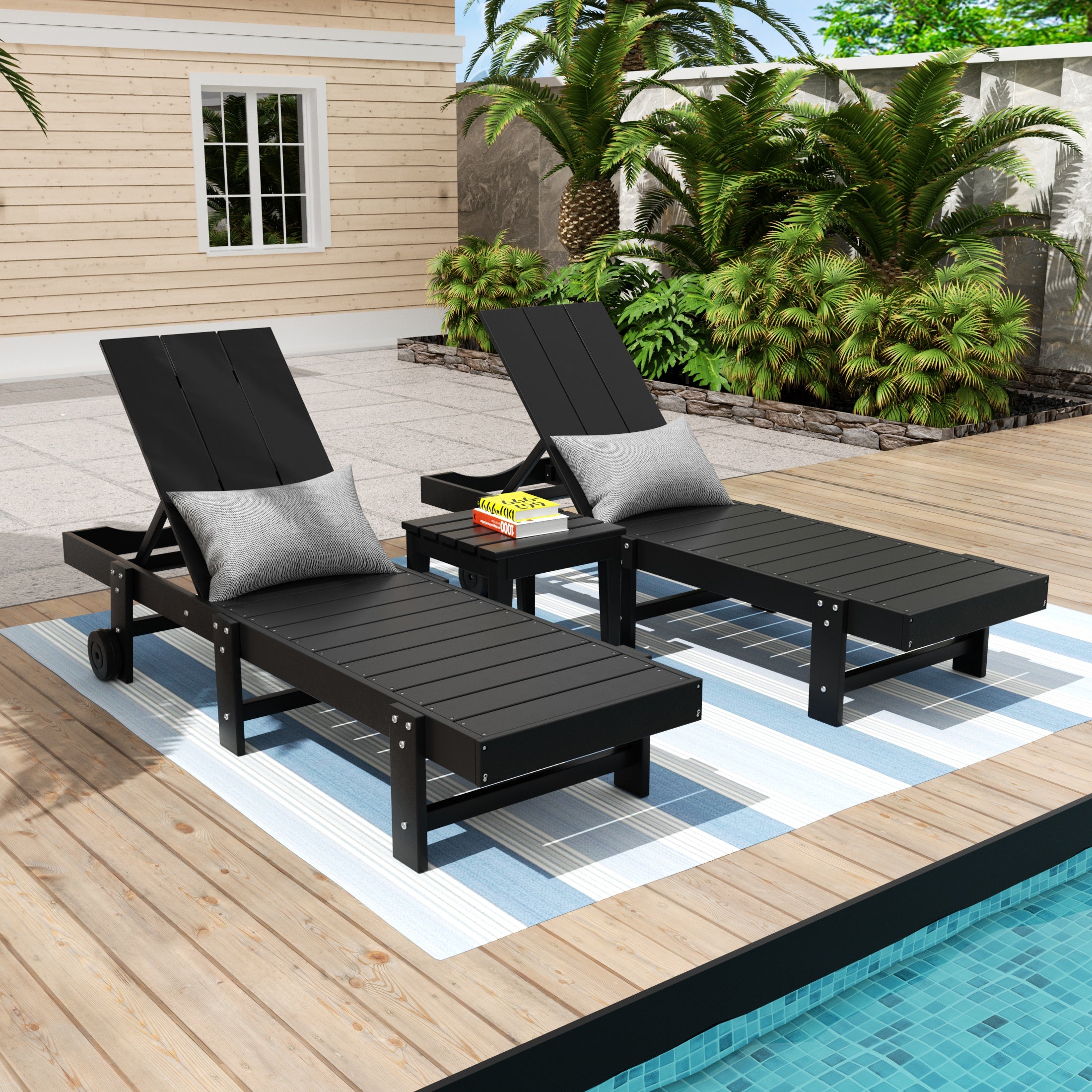 Palms 3 Piece Modern Poly Reclining Chaise Lounge With Wheels