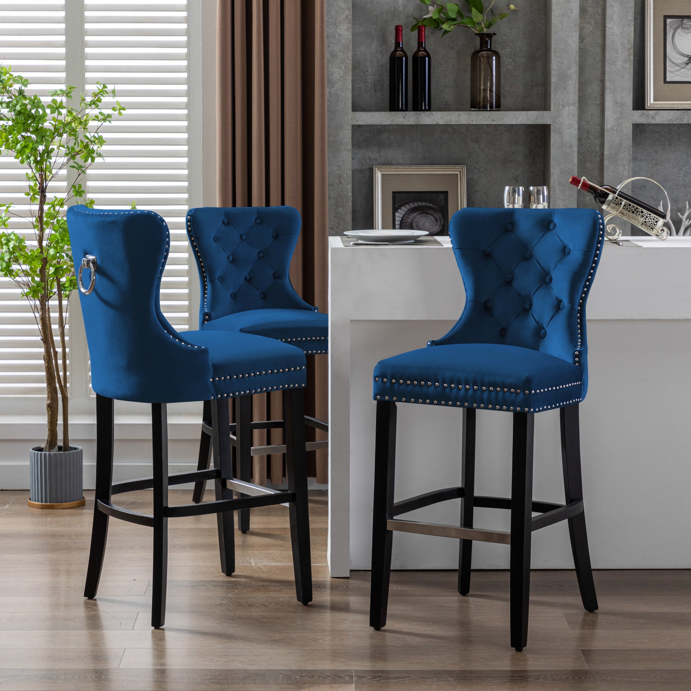 Hank 29" Tufted Velvet Bar Stool (Set of 3), Antique Gray