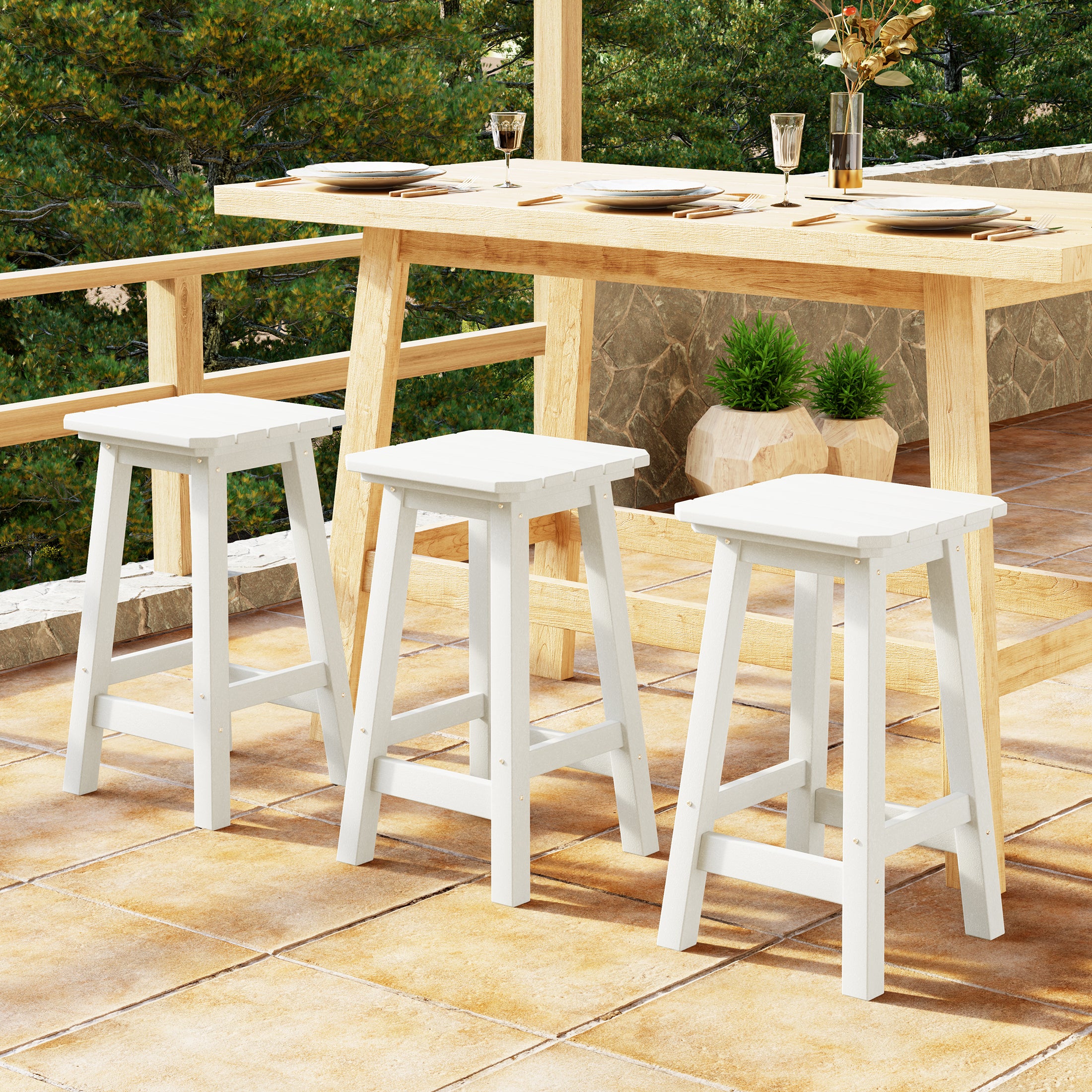 Paradise 24" HDPE Outdoor Patio Counter High Backless Square Bar Stools Set of Three