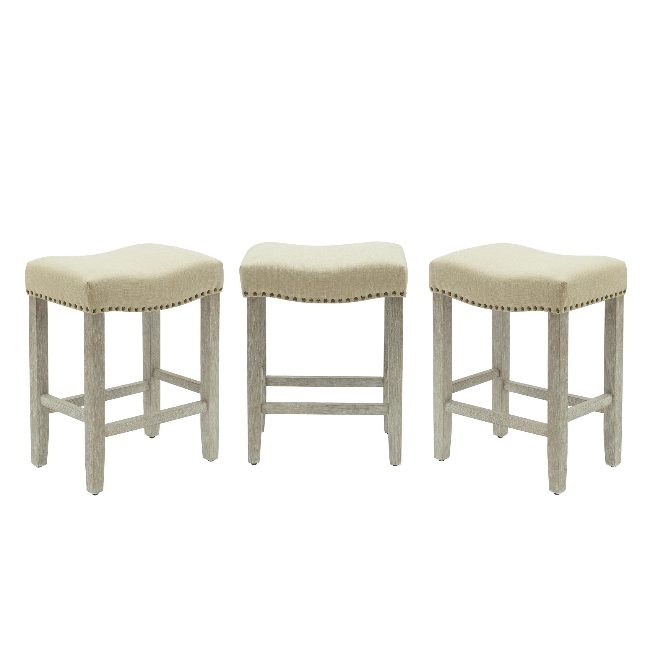 Bulmon 24" Upholstered Antique Gray Counter Stools With Nail Head Trim (Set of 3) - Costaelm