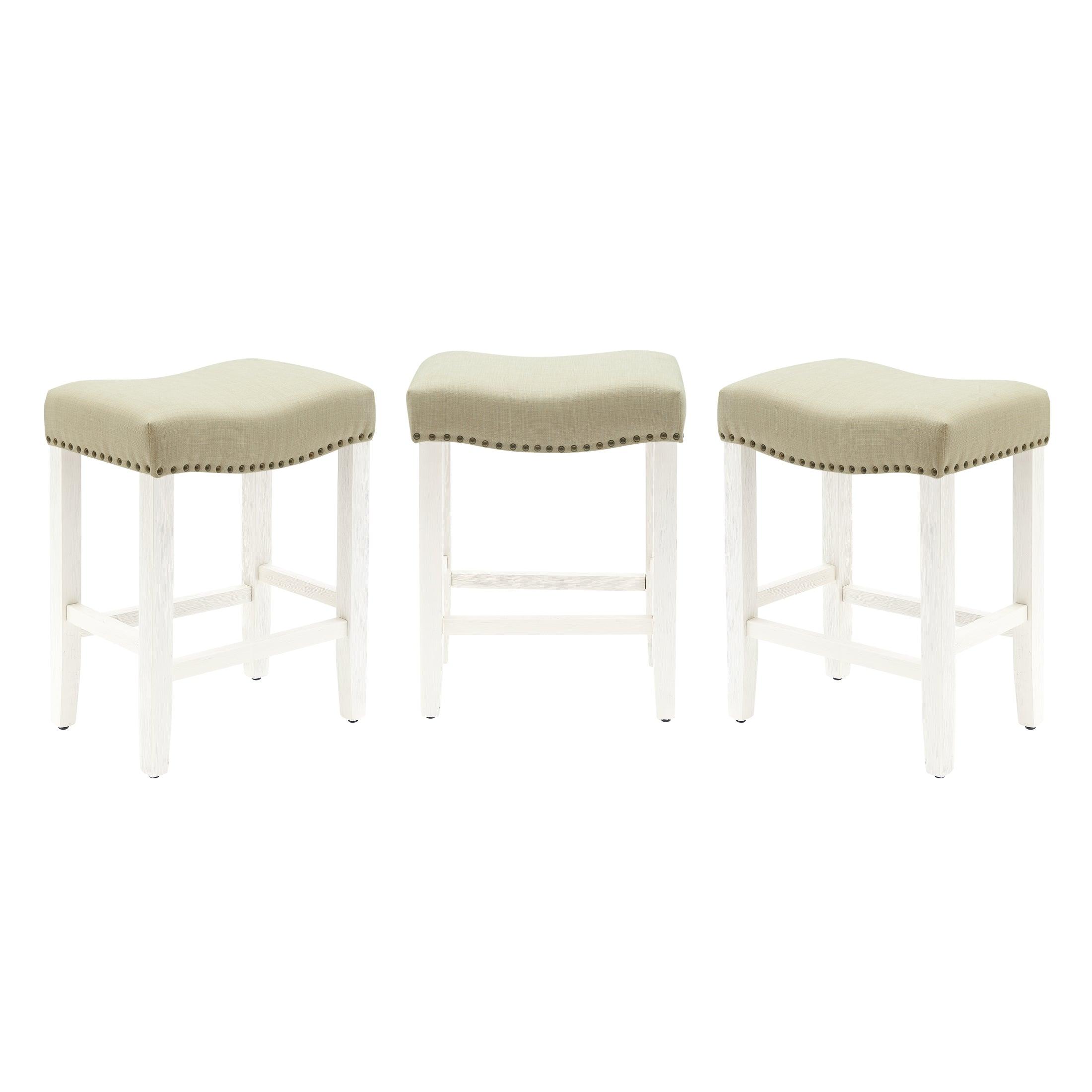 Bulmon 24" Upholstered Antique White Counter Stools With Nail Head Trim (Set of 3) - Costaelm