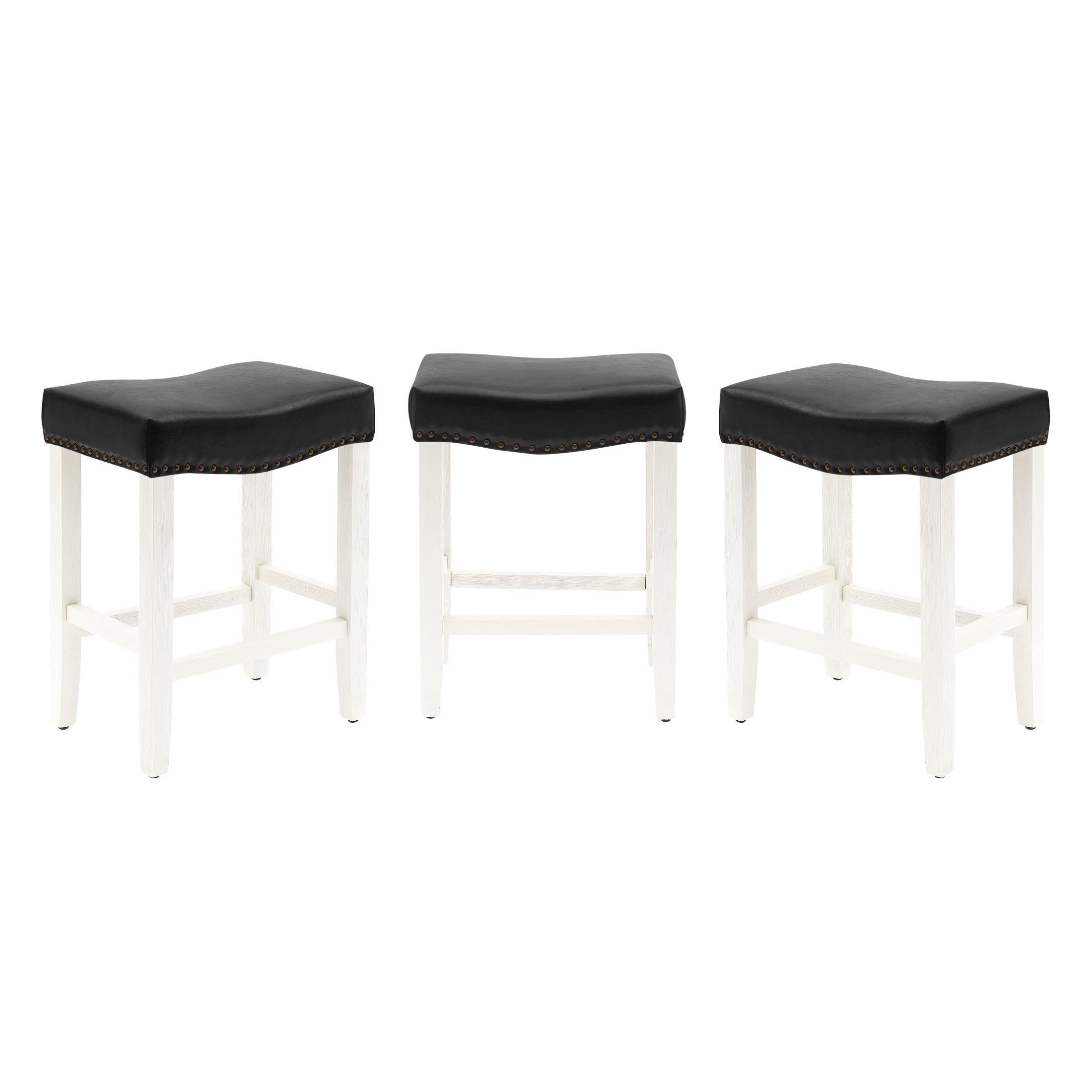 Bulmon 24" Upholstered Antique White Counter Stools With Nail Head Trim (Set of 3) - Costaelm