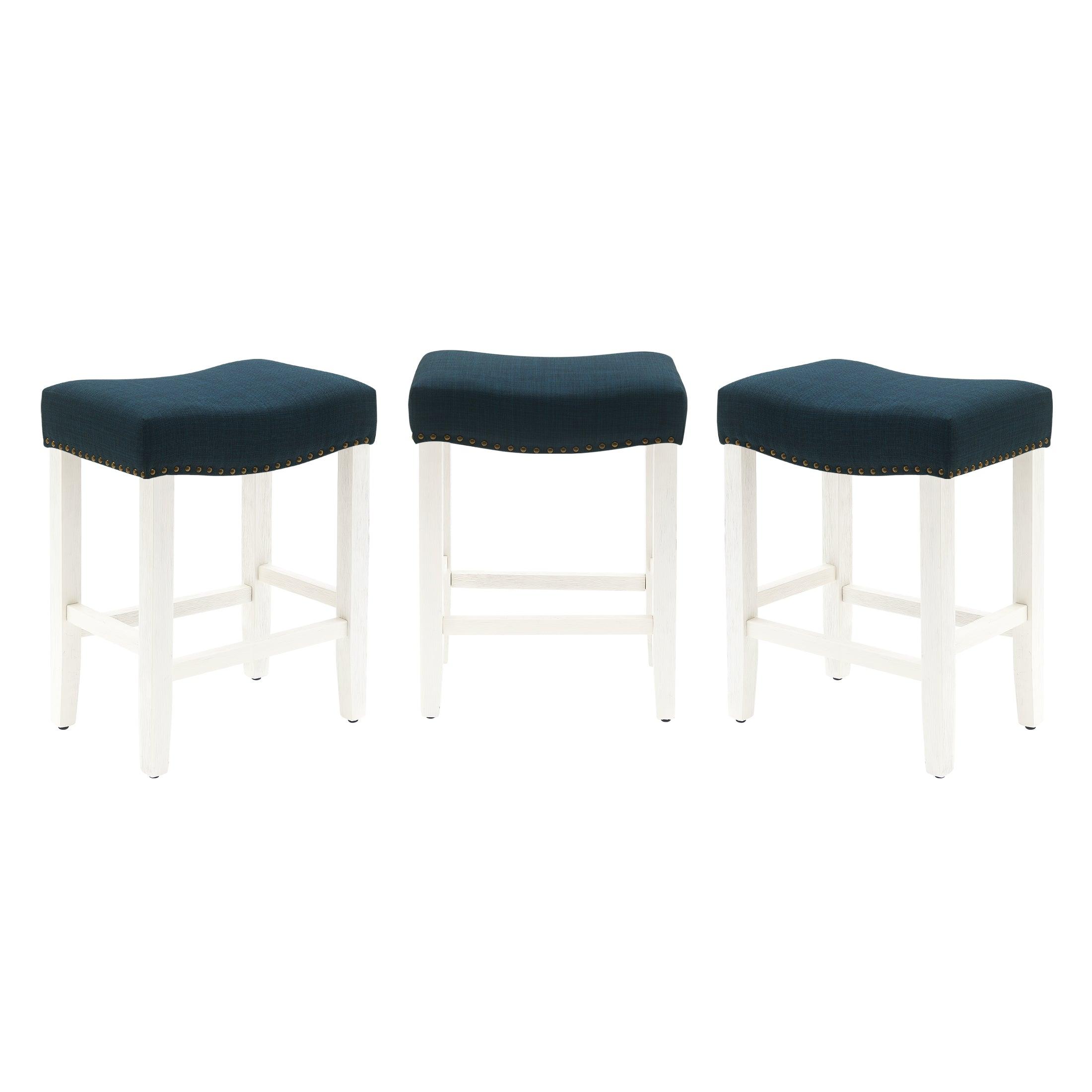 Bulmon 24" Upholstered Antique White Counter Stools With Nail Head Trim (Set of 3) - Costaelm