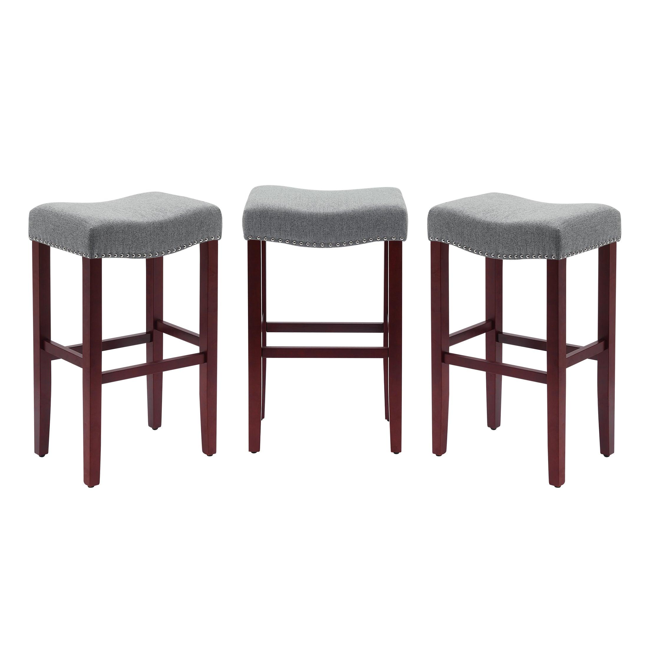 Bulmon 29" Upholstered Cherry Bar Stools With Nail Head Trim (Set of 3) - Costaelm