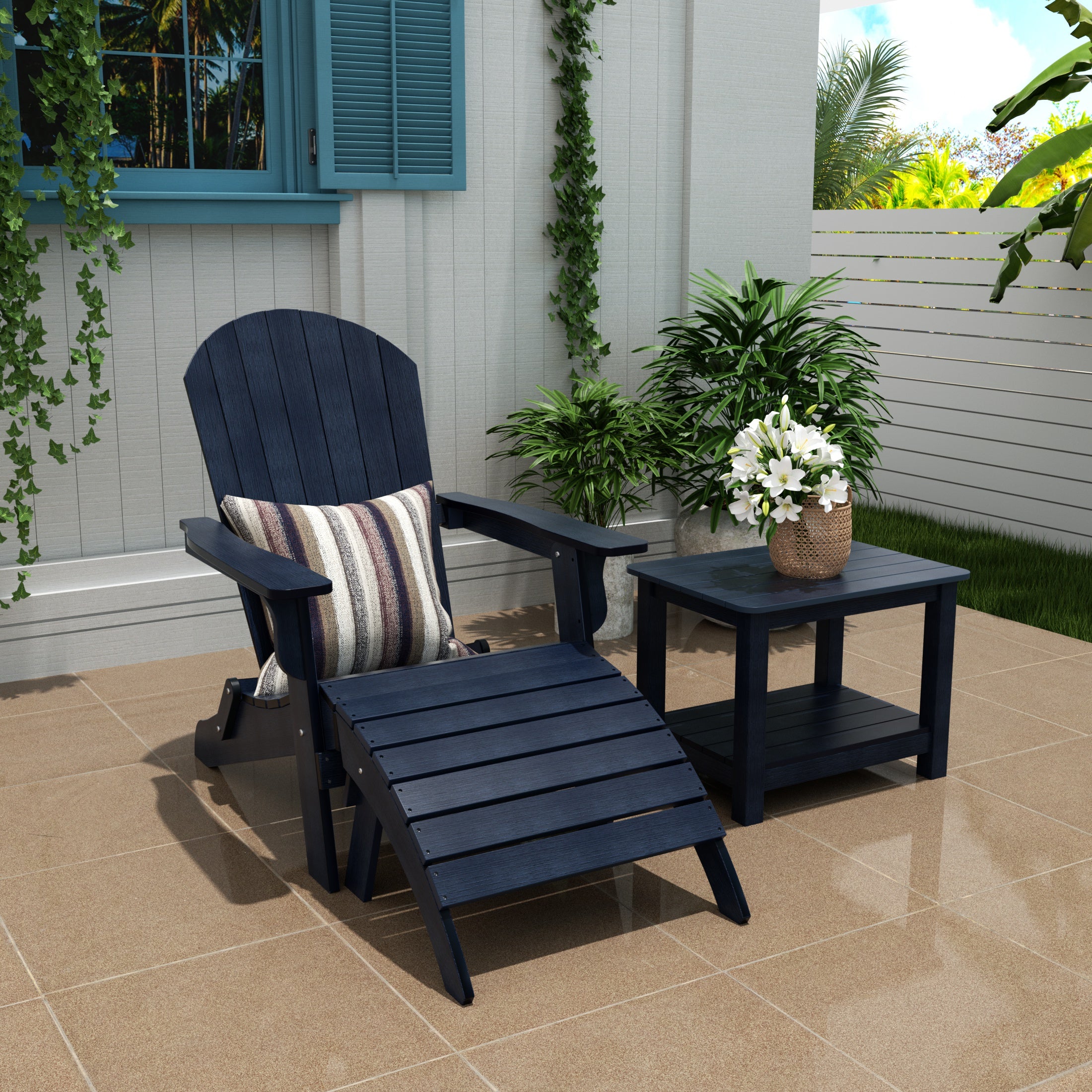 Florence 3-Piece HIPS Outdoor Folding Adirondack Seashell Chair With Folding Ottoman And Side Table