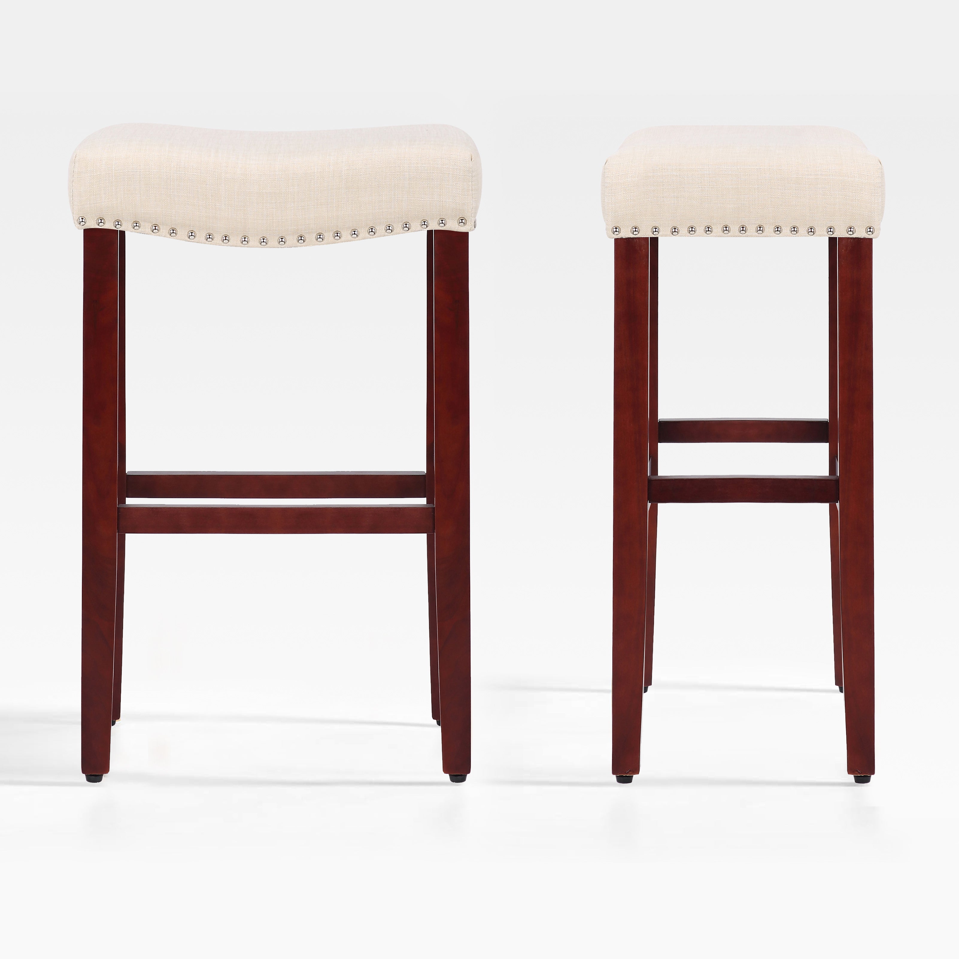 Bulmon 29" upholstered nail head bar counter stools with Cherry Red color legs (2 piece set)