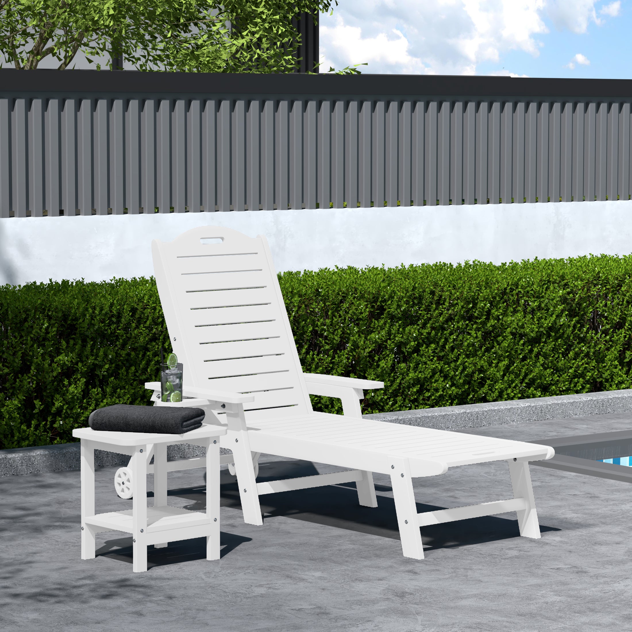 Lago 2-Piece Outdoor Patio Chaise Lounge Chair with Wheels & Cup Holder with Patio Side Table