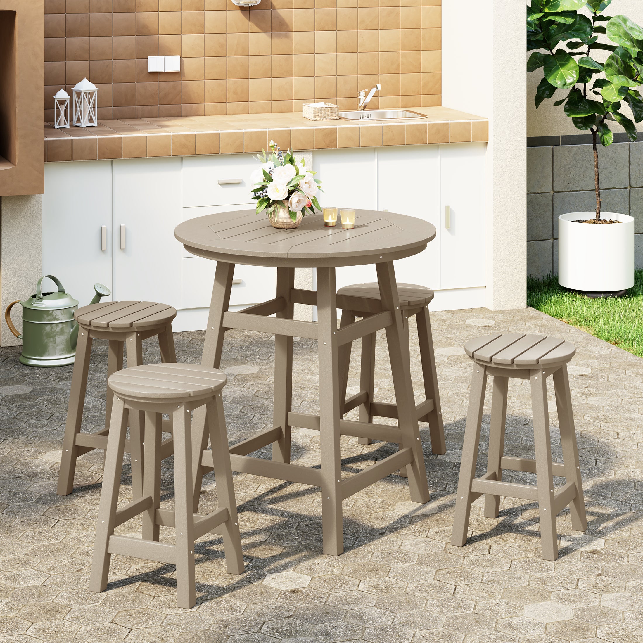 Paradise 5-Piece HDPE Outdoor Patio Dining Bar Bistro Table Set with Counter High Round Bar Stools