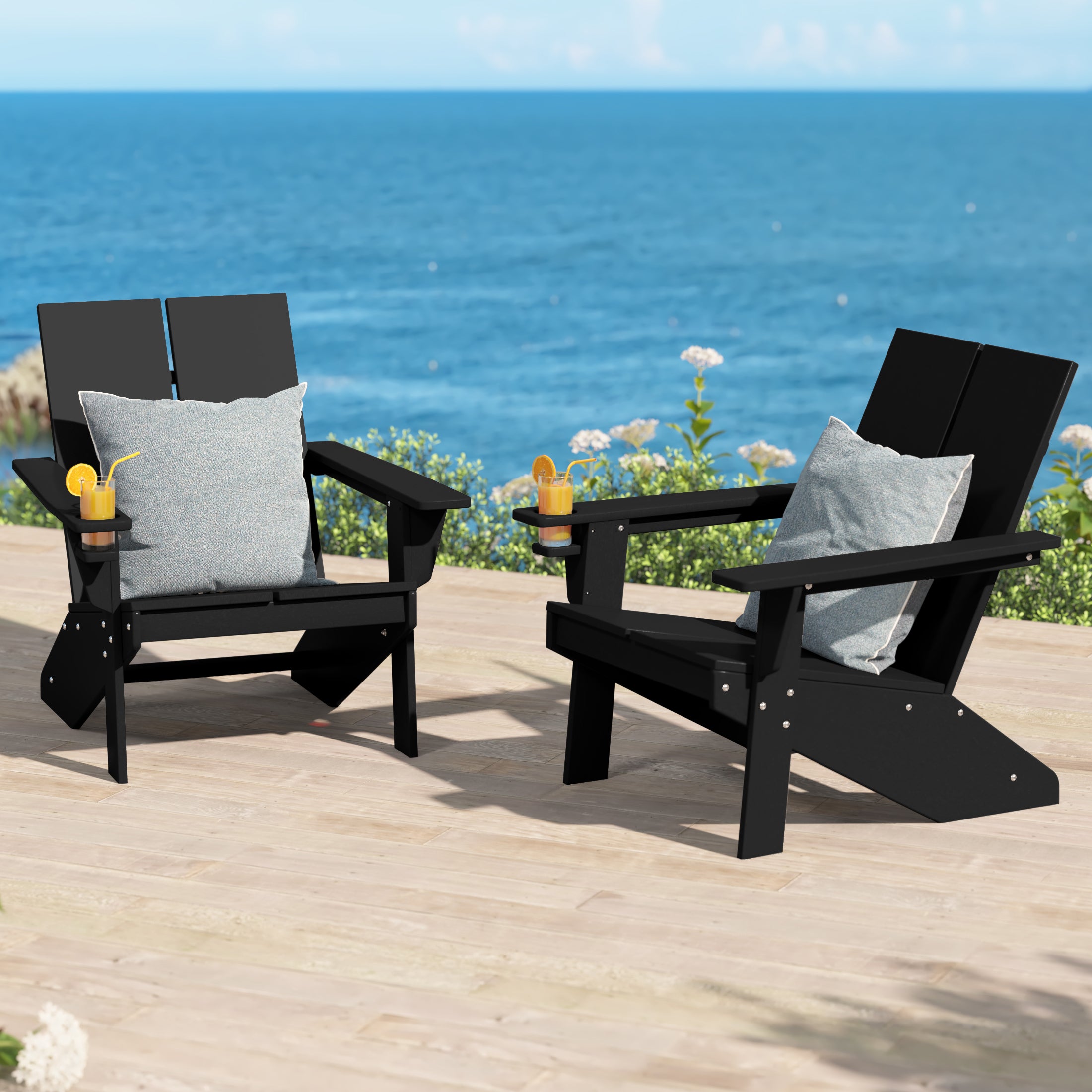 Seaview Outdoor HDPE Modern Adirondack Chair with Cup Holder (Set of 2)
