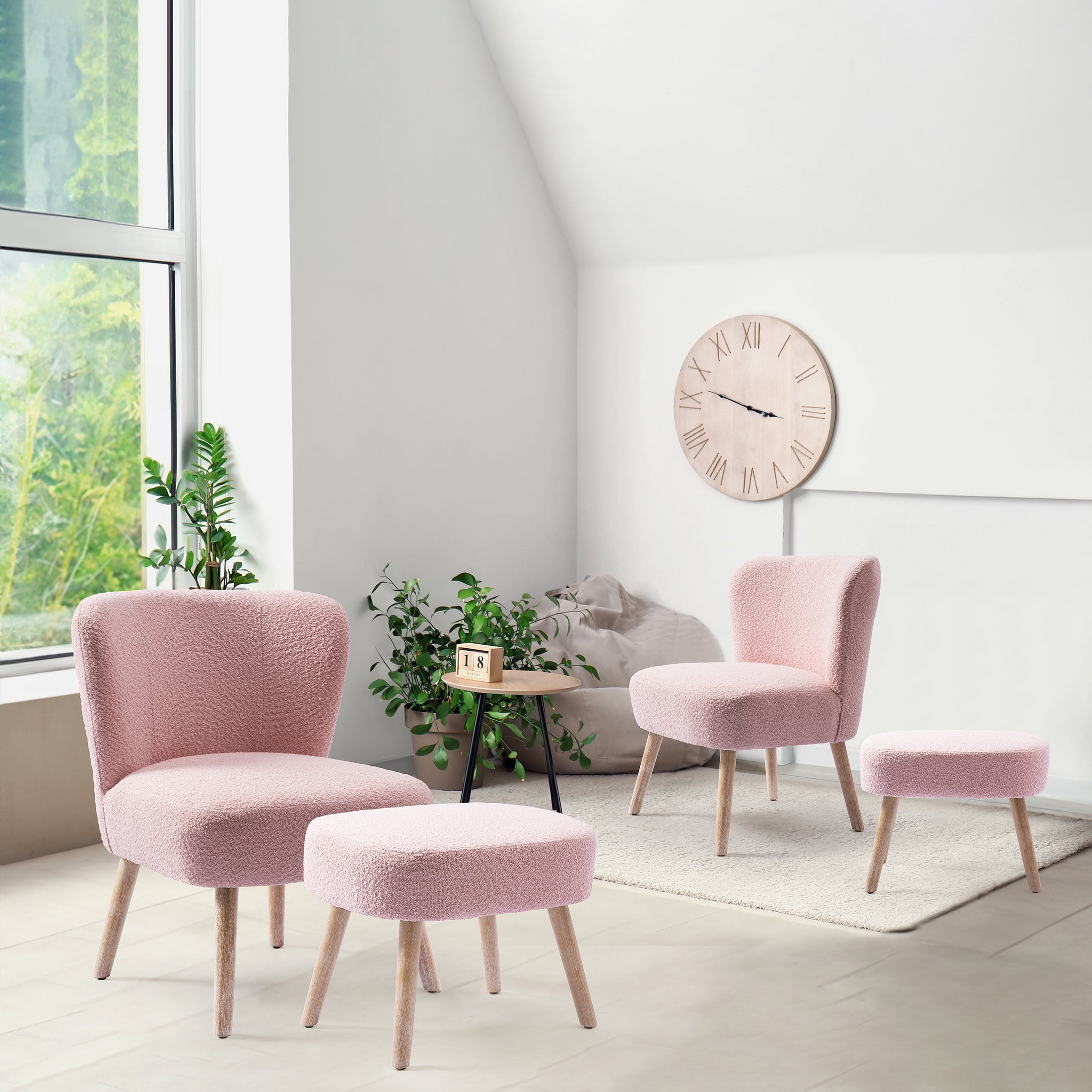 Amélie 4-Piece Set Mid-Century Boucle Accent Chairs with Ottoman Foot Stools