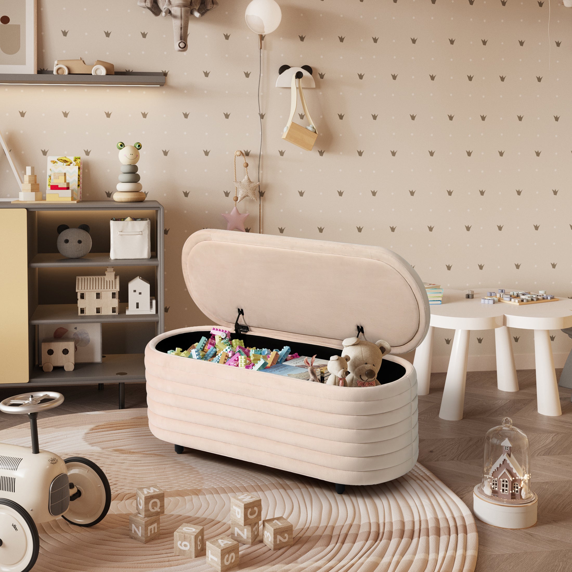 Alaia 42" Wide Mid-Century Modern Upholstered Velvet Tufted Oval Storage Ottoman Bench