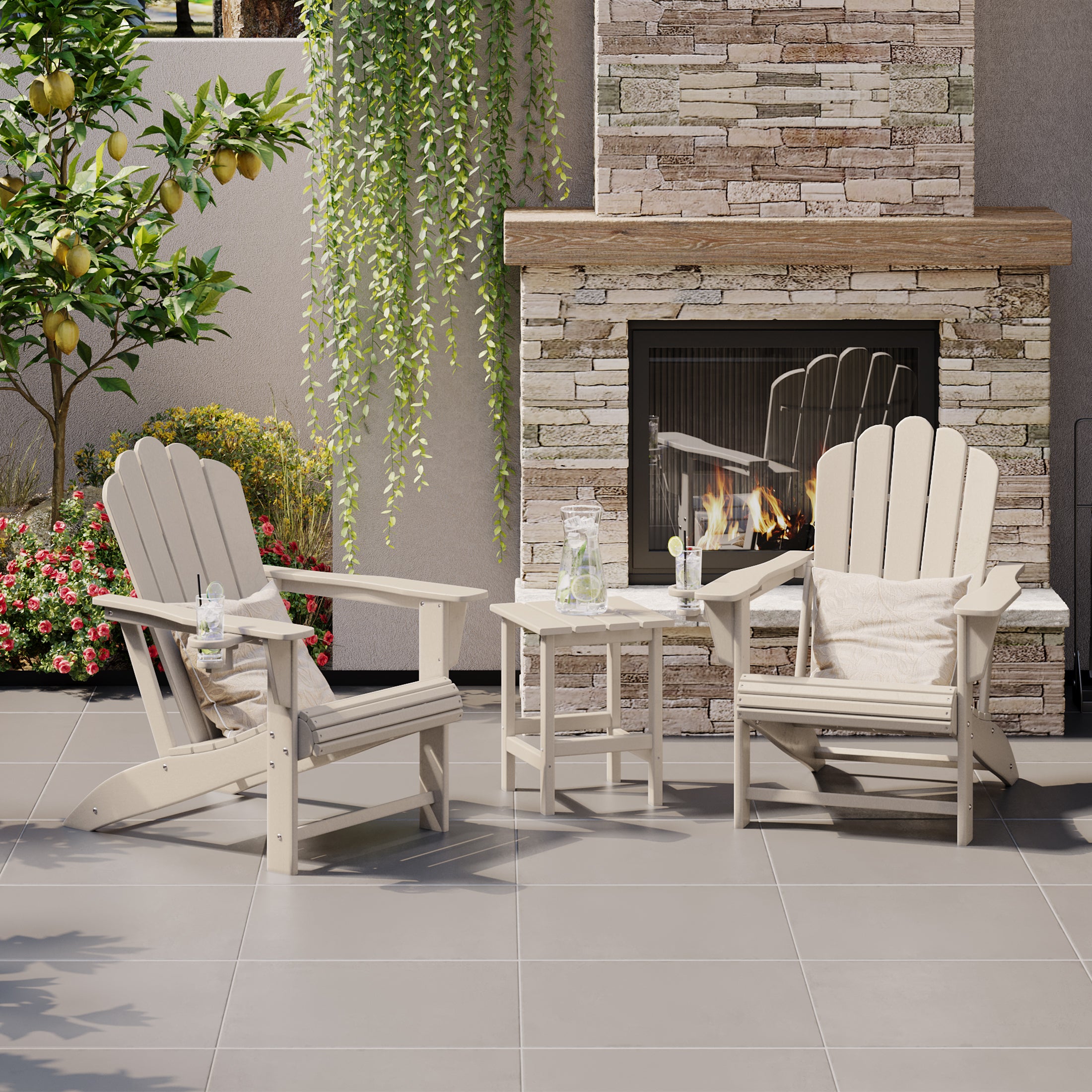 Lakeview 3-Piece Outdoor Patio HDPE Adirondack Chair With Cup Holder and Table Set