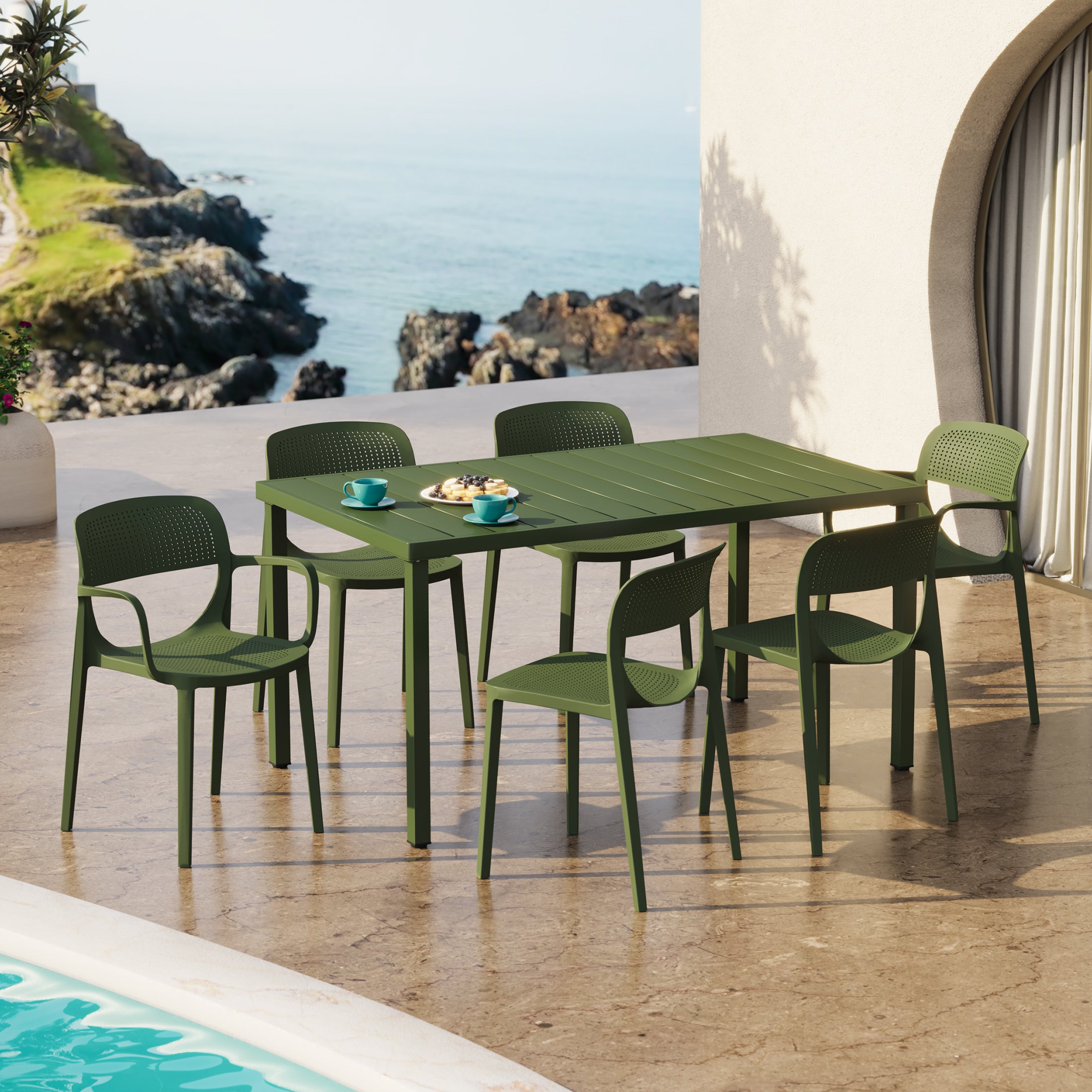 Sunshine 7-Piece Outdoor Rectangular Metal Patio Dining Table Set With Stackable Patio Dining Chairs