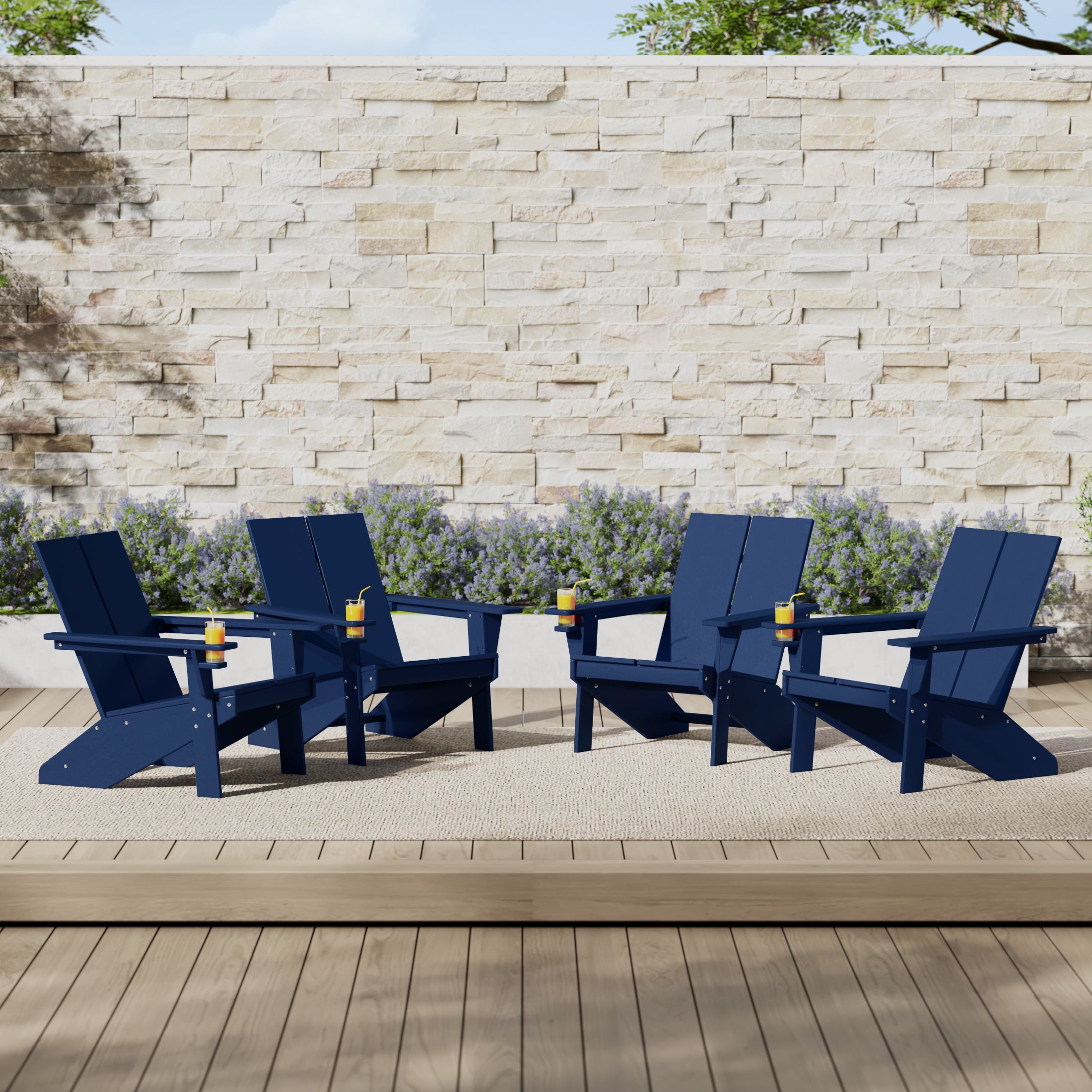 Seaview Outdoor HDPE Modern Adirondack Chair with Cup Holder (Set of 4)
