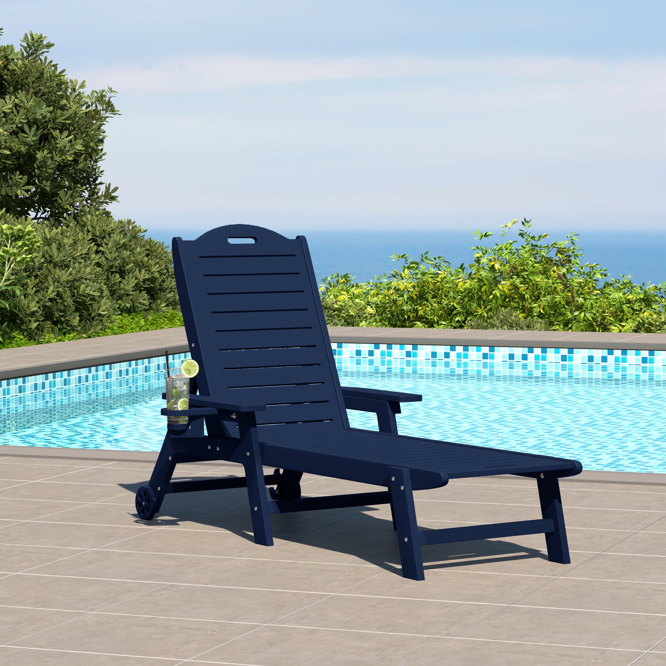 Lago Outdoor HDPE Patio Chaise Lounge With Wheels & Cup Holder