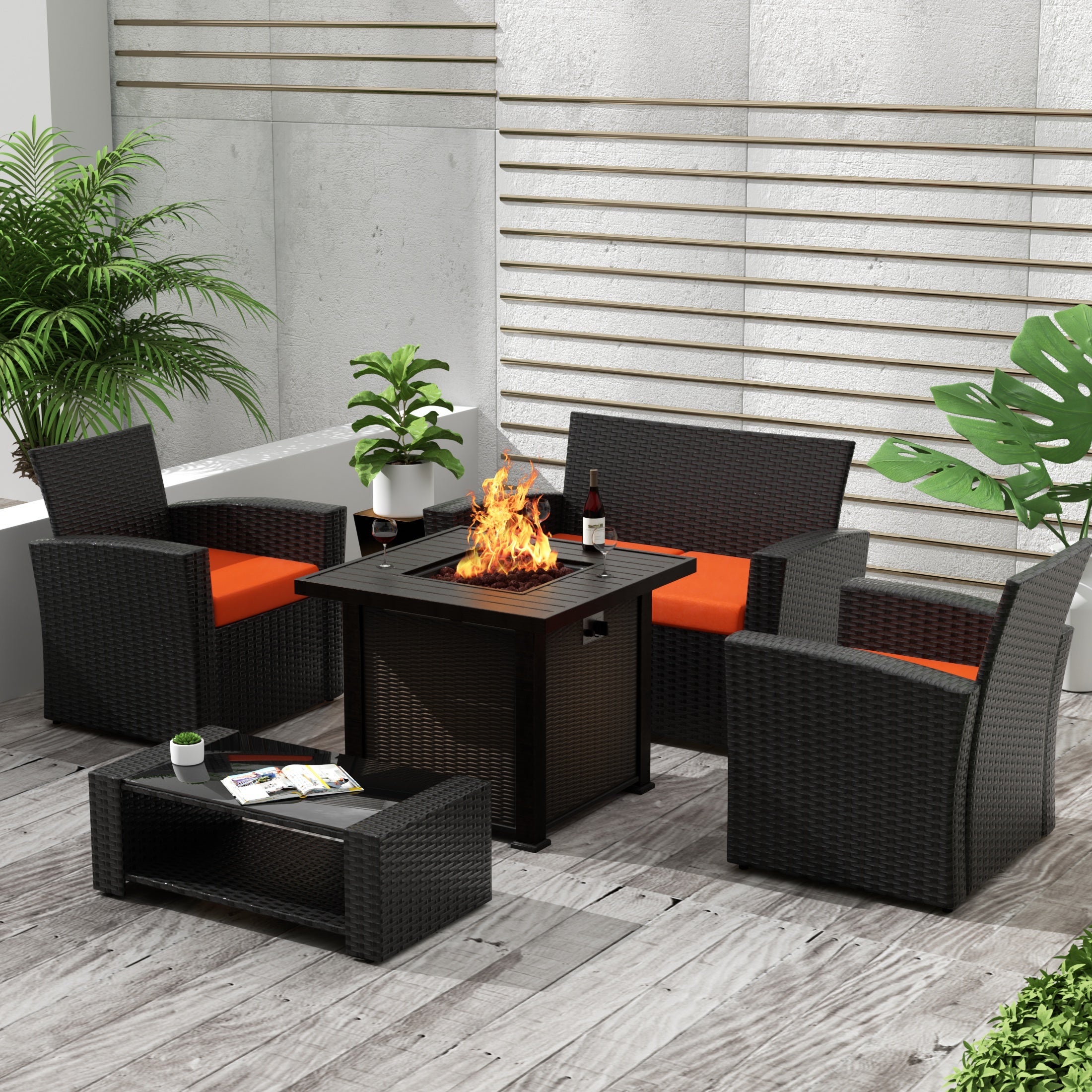 Wynston 4-Piece Conversation Outdoor Patio Sofa Set with Square Fire Pit Table