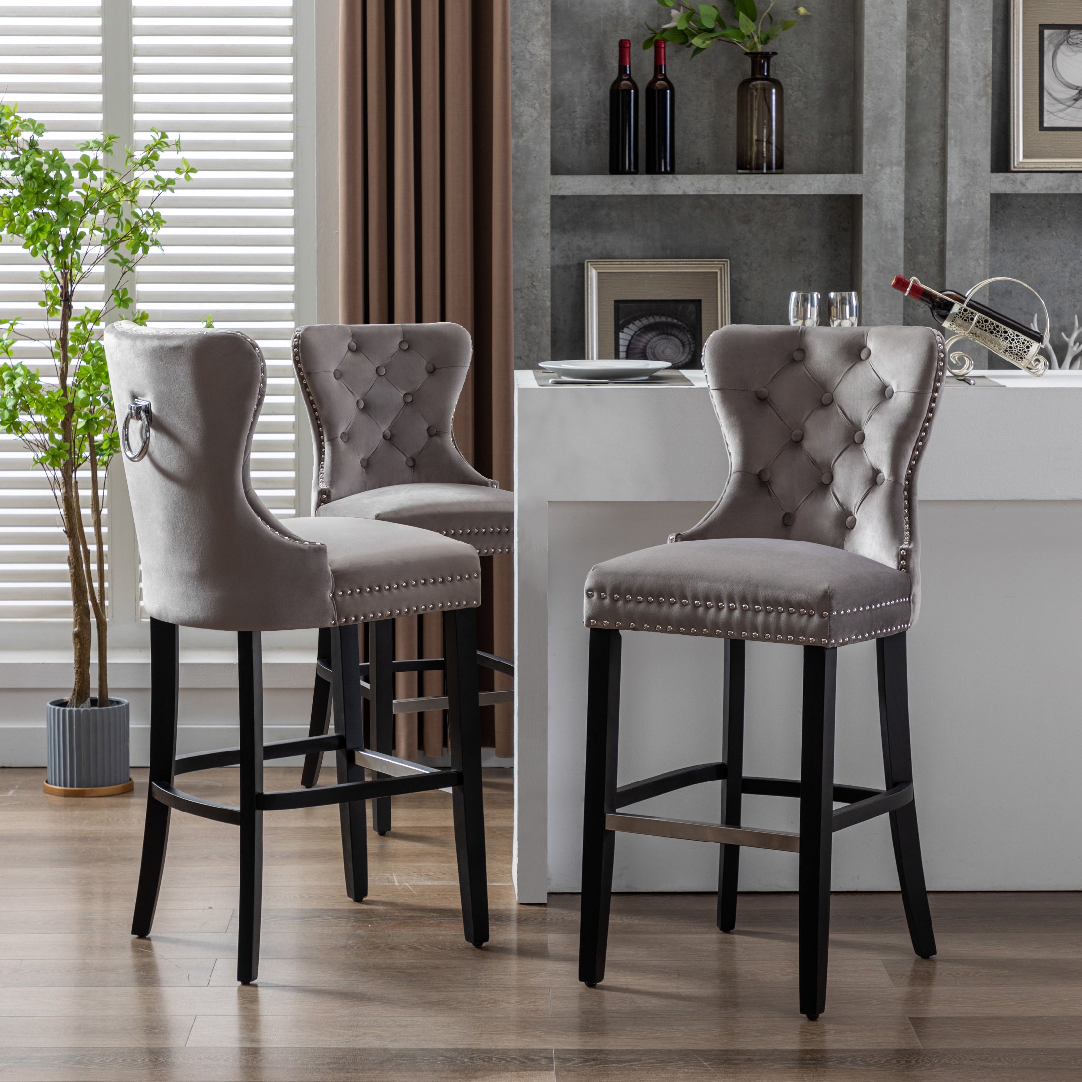 Hank 29" Tufted Velvet Bar Stool (Set of 3), Antique Gray