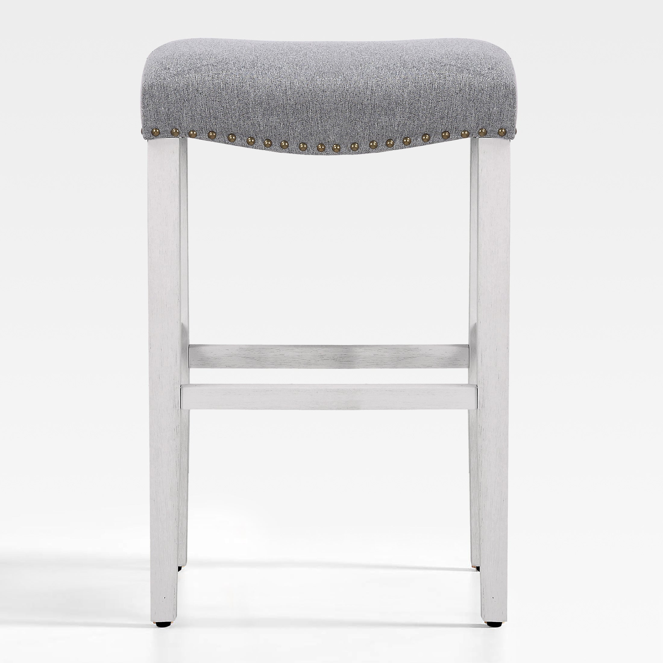 Bulmon 29" upholstered nail head bar counter stools with Antique White color legs