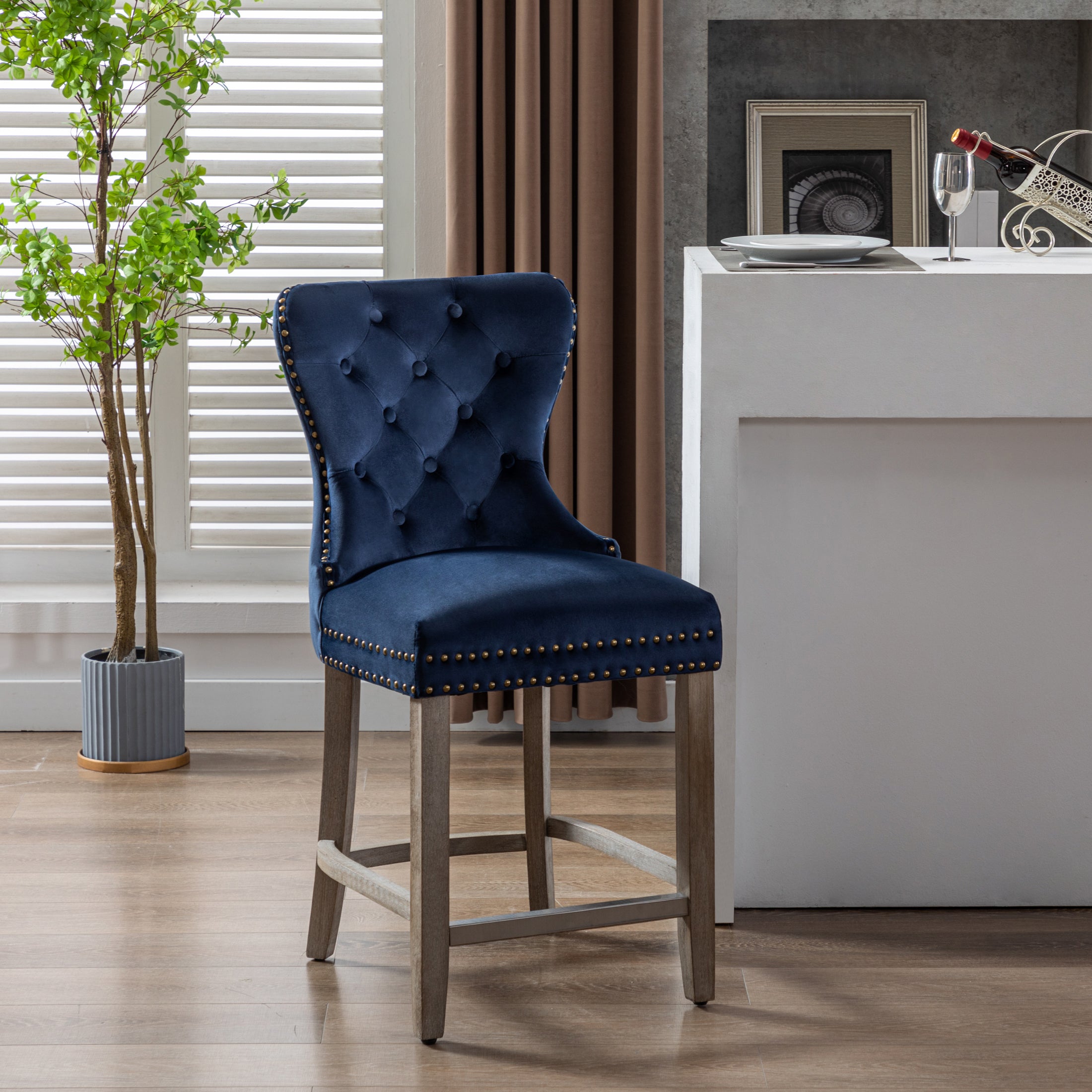 Hank 24" Tufted Velvet Counter Stool, Antique Gray