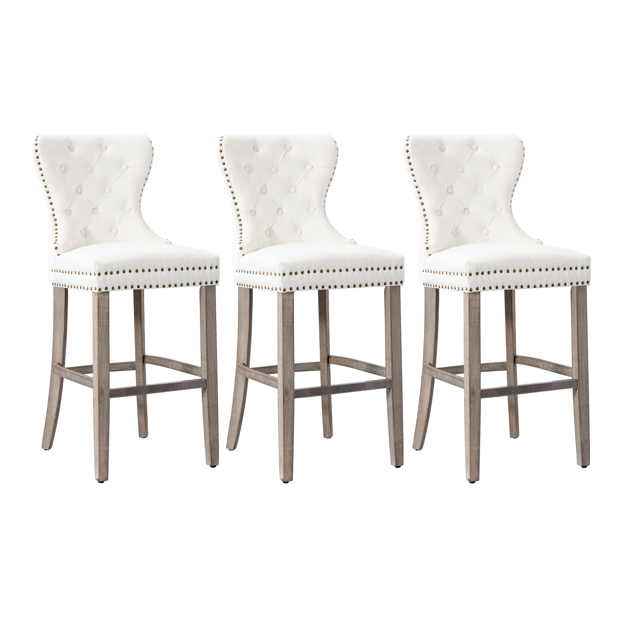 Hank 29" Tufted Velvet Bar Stool (Set of 3), Antique Gray