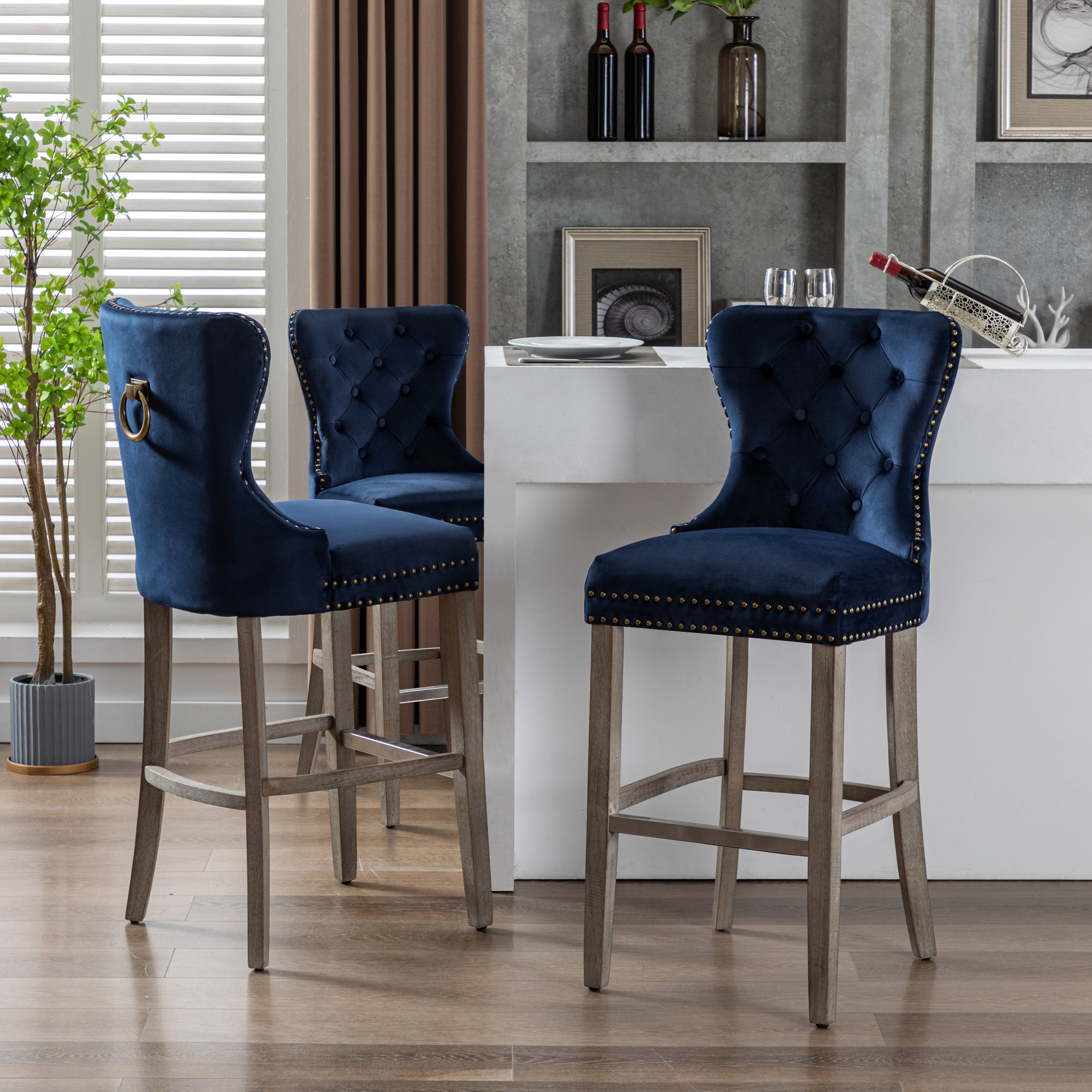 Hank 29" Tufted Velvet Bar Stool (Set of 3), Antique Gray