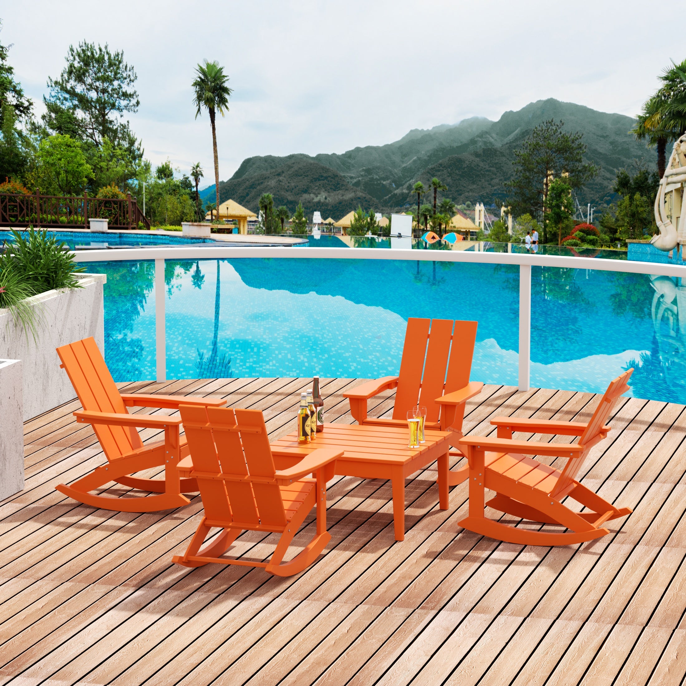 Palms 5-Piece Set Modern Plastic Outdoor Rocking Chairs with Square Side Table